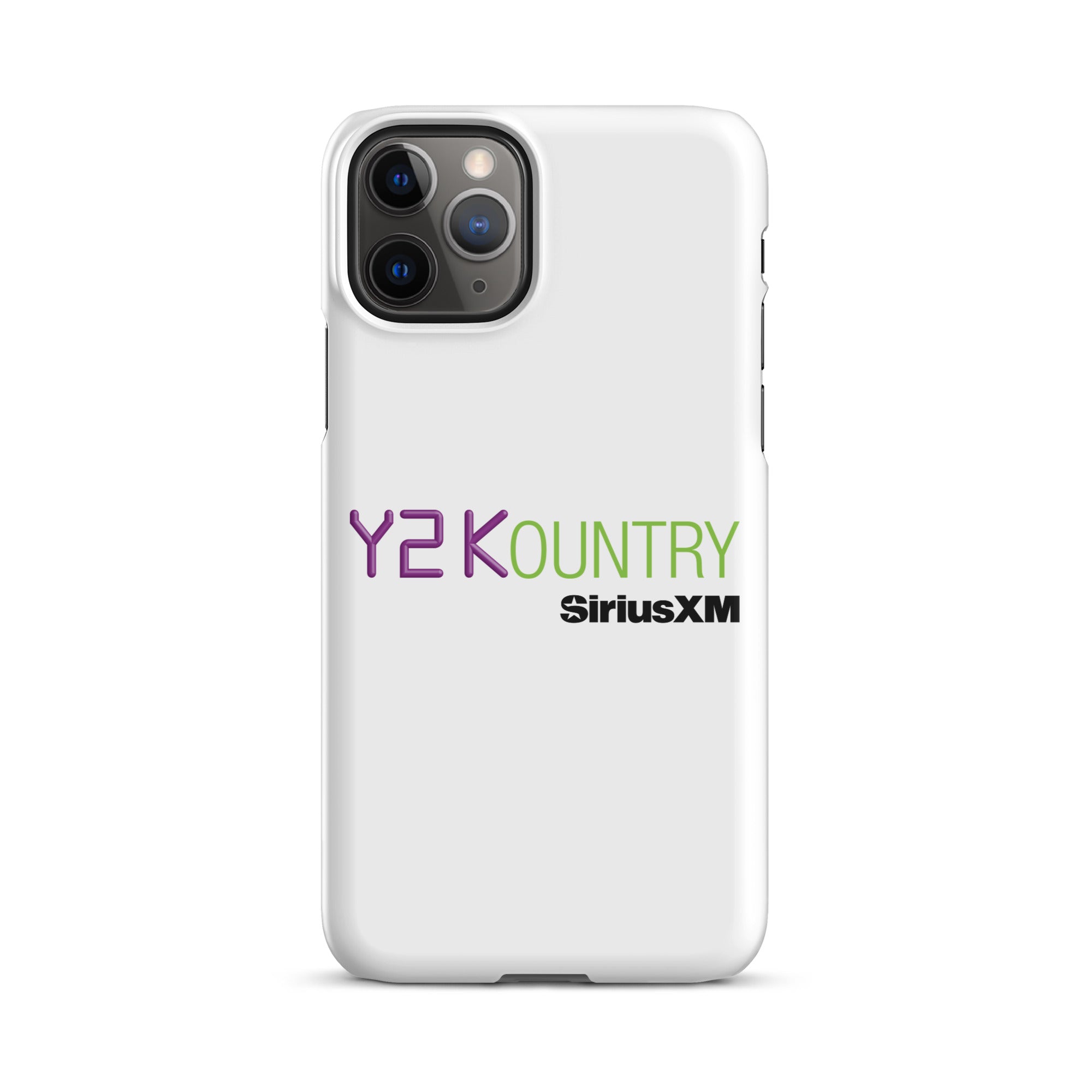 White phone case featuring the text 'Y2KOUNTRY' and 'SiriusXM' in purple and green.