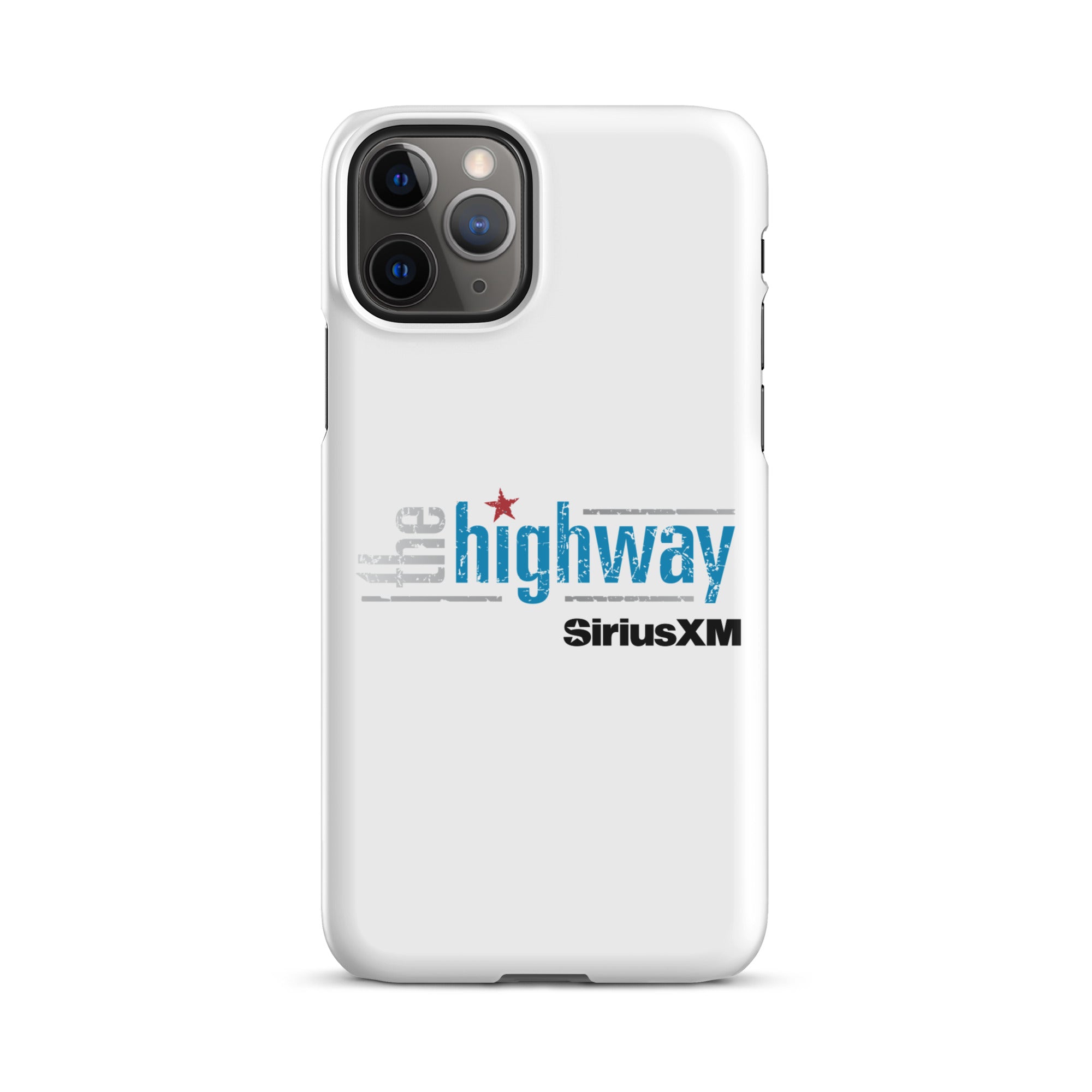 White phone case featuring 'the highway' and 'SiriusXM' logos in blue and black.
