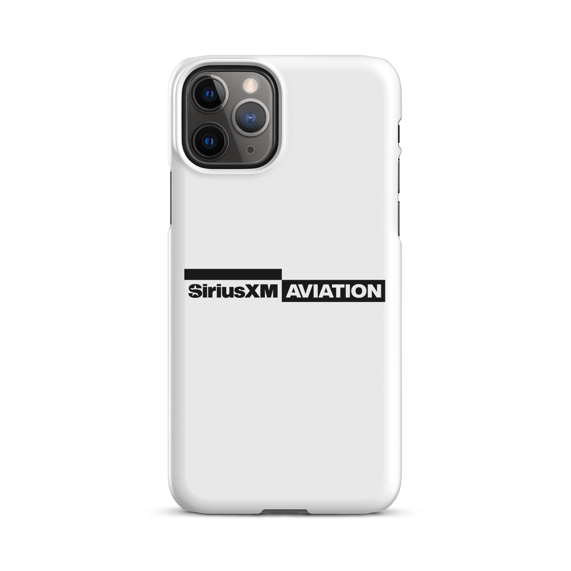 White phone case featuring the SiriusXM Aviation logo in black.