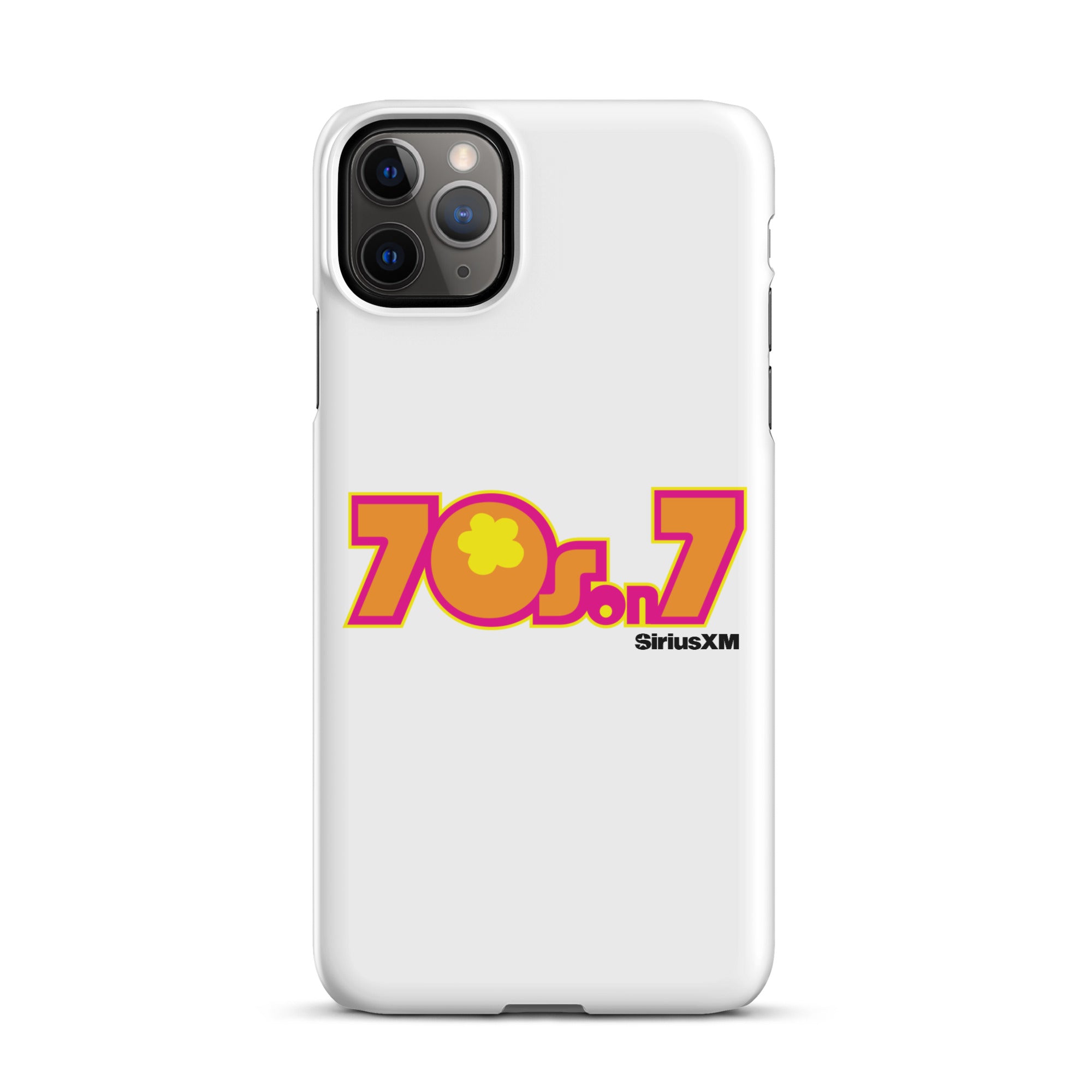 A white phone case featuring a colorful '70s on 7' logo with a flower and the 'SiriusXM' branding.
