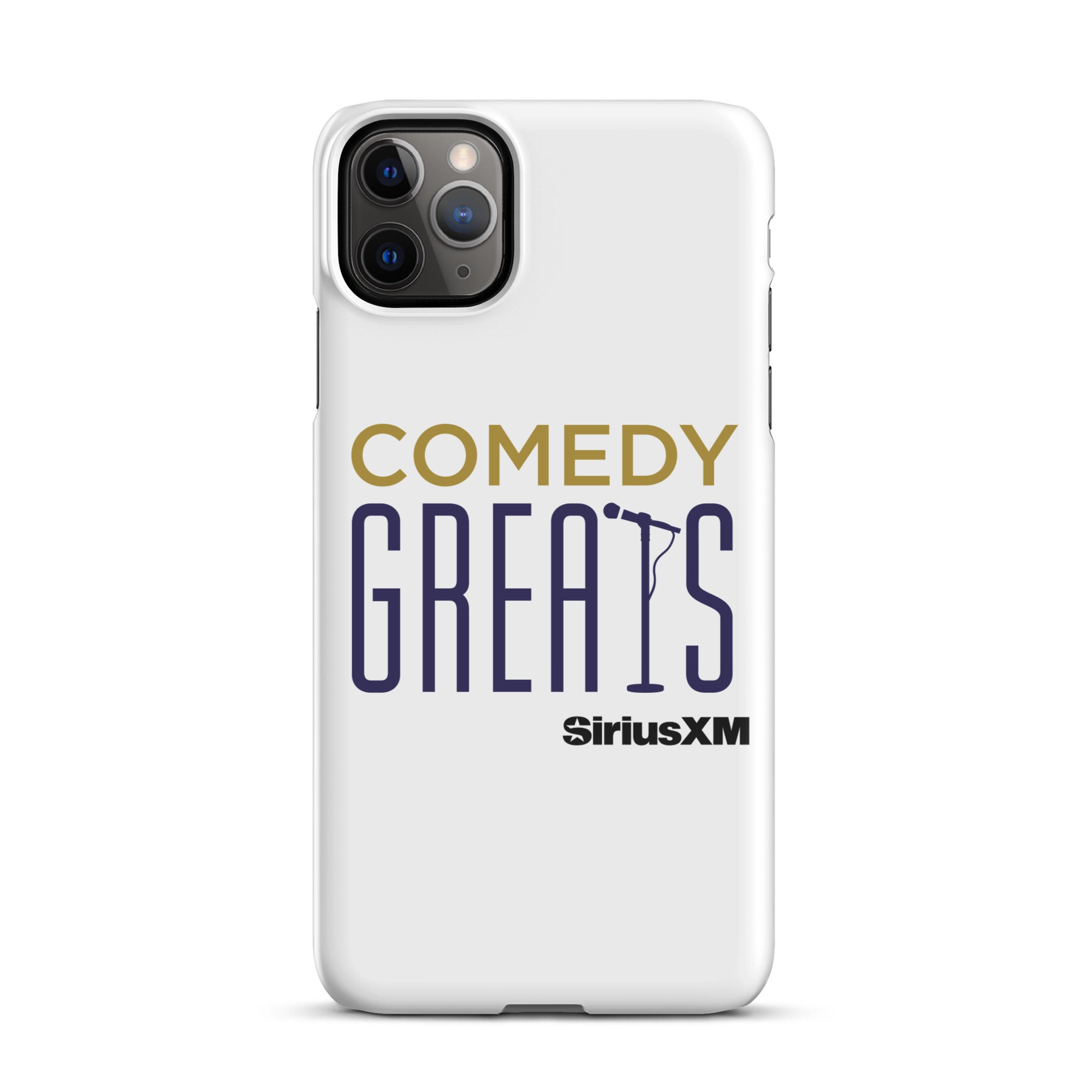 White phone case featuring the text 'COMEDY GREATS' and the 'SiriusXM' logo.