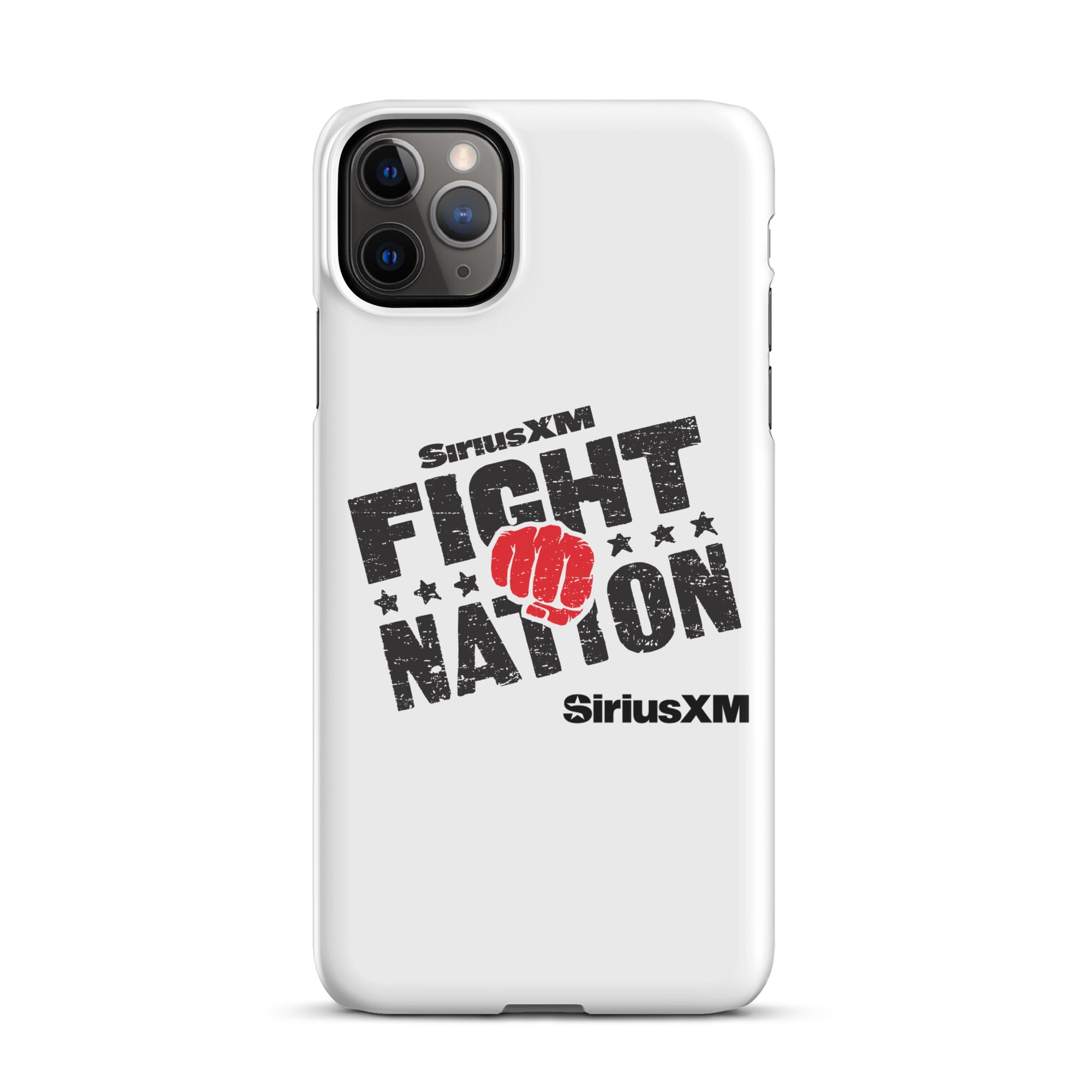 White phone case featuring 'SiriusXM FIGHT NATION' logo with a red fist and stars with 'SiriusXM' branding underneath.