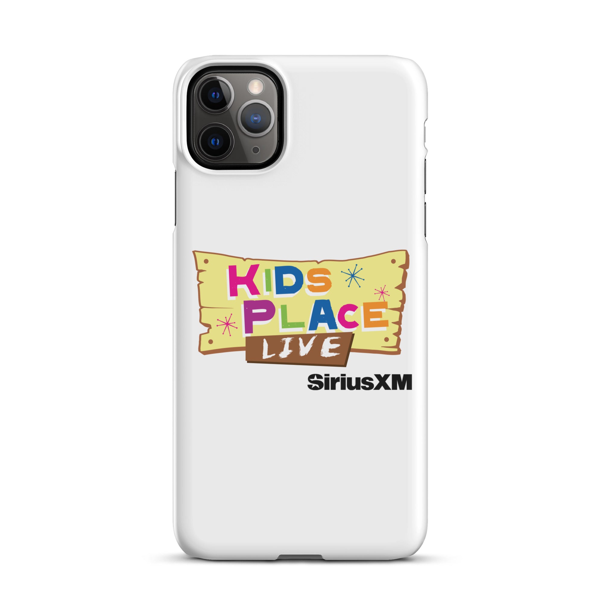 White phone case featuring 'KIDS PLACE LIVE' and 'SiriusXM' logos in colorful, playful design.