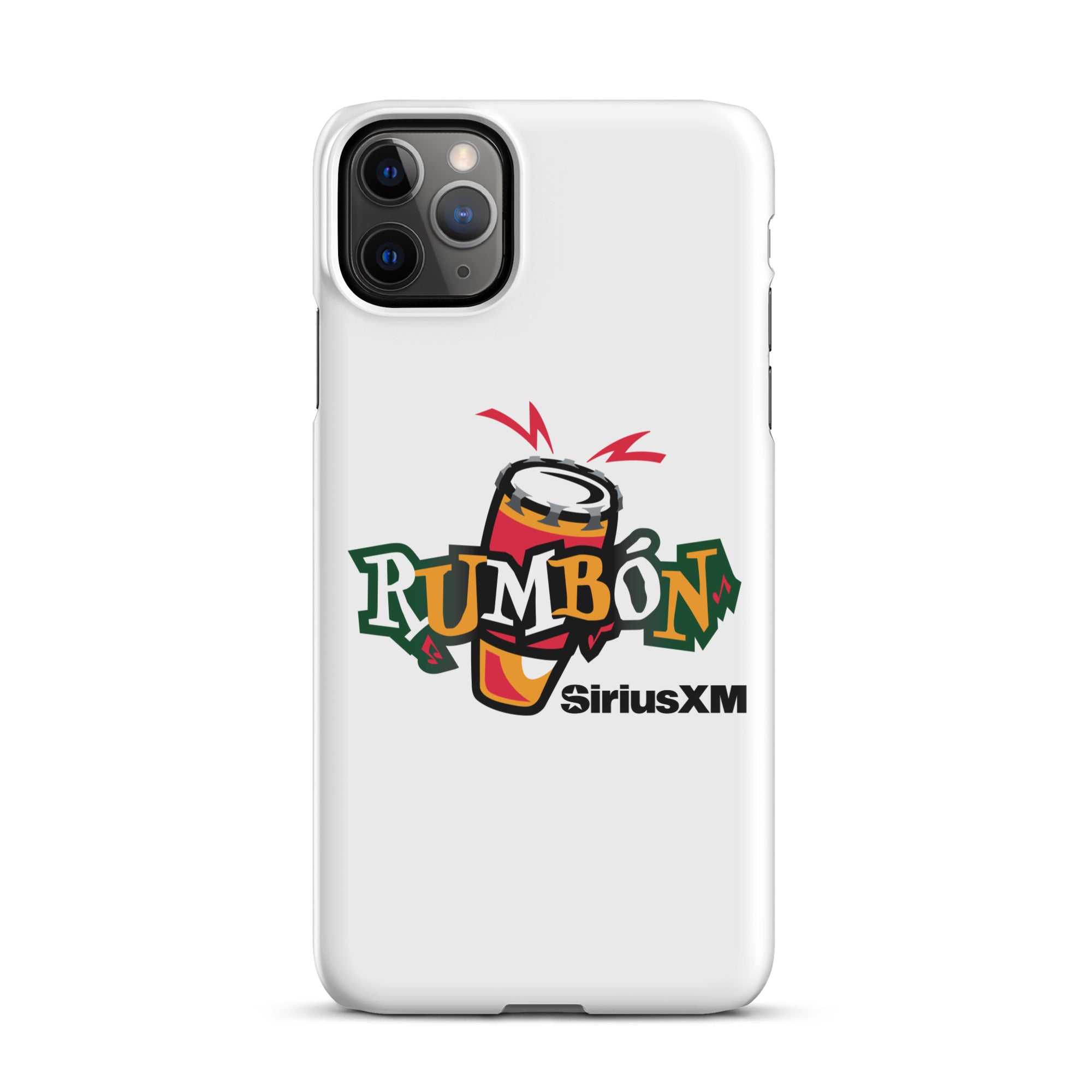 White phone case featuring 'Rumbón' logo with a conga drum and 'SiriusXM' branding.