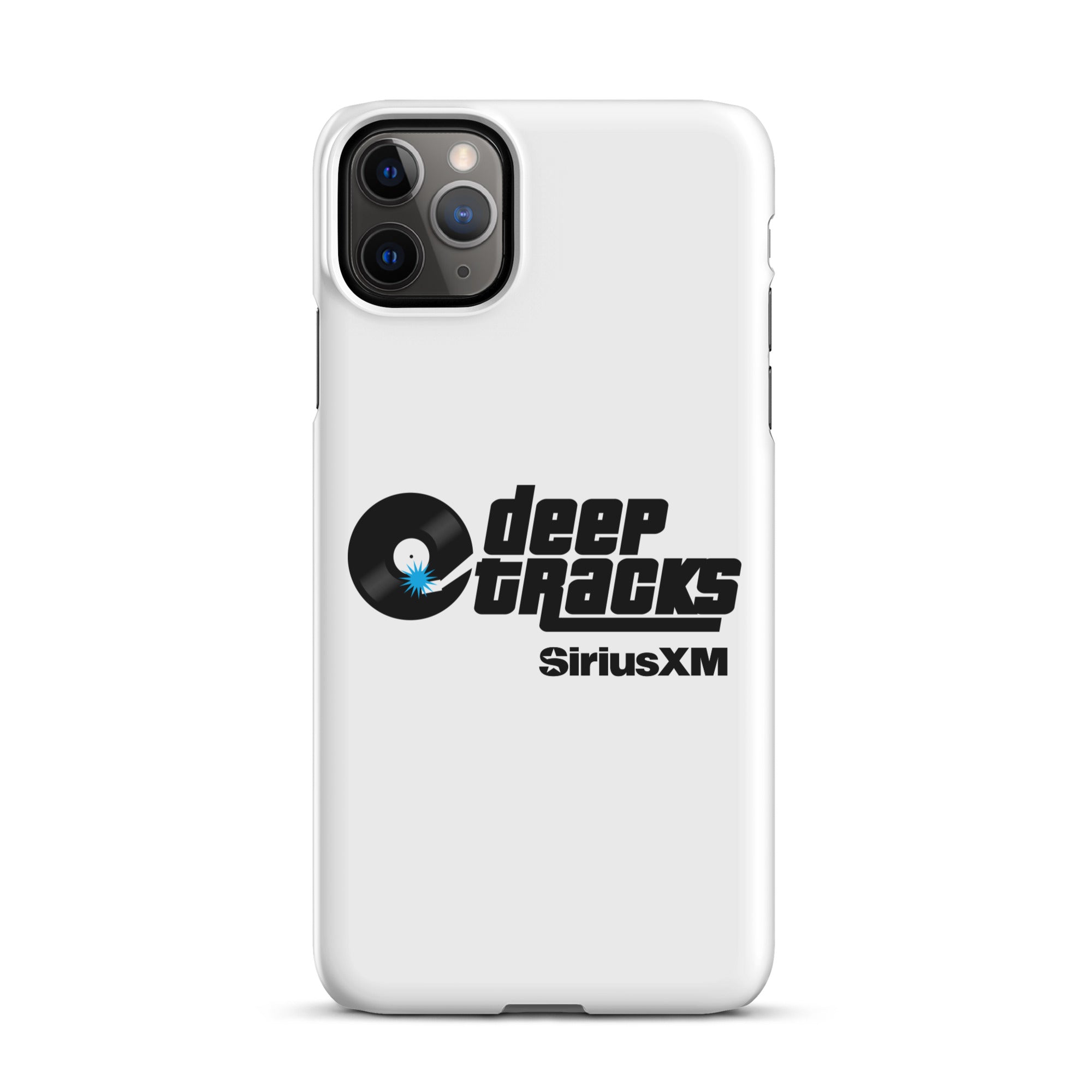 White phone case featuring 'deep TRACKS' and 'SiriusXM' logos with a vinyl record graphic.