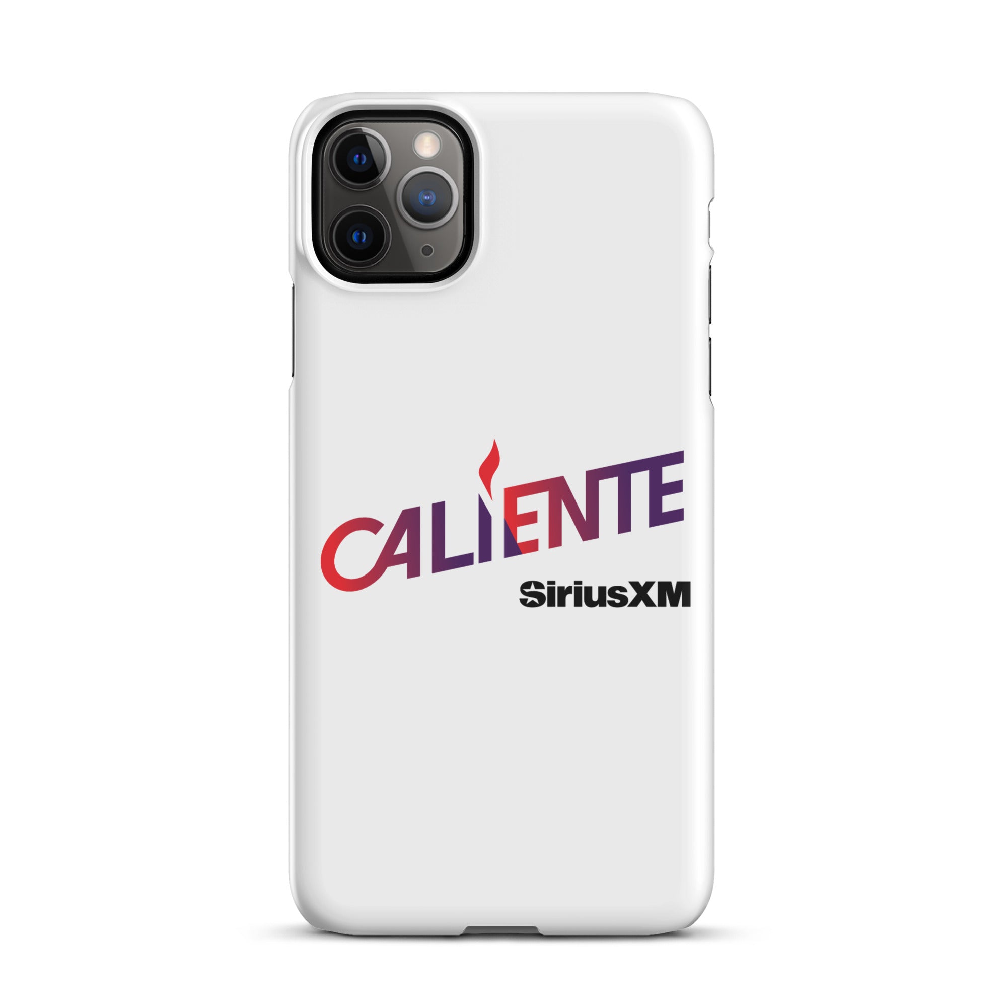 White phone case featuring 'CALIENTE' logo and 'SiriusXM' in bold lettering.