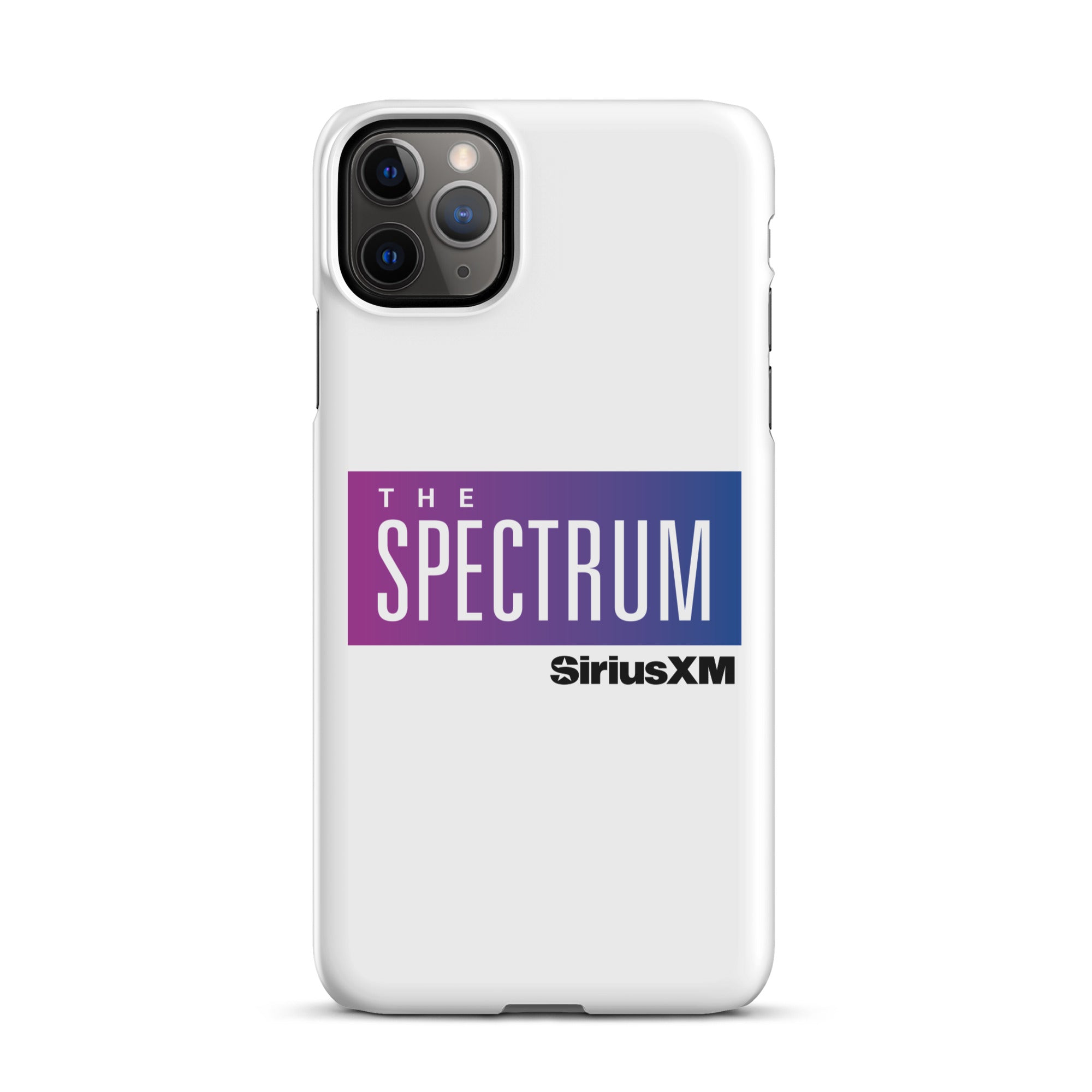 White phone case featuring 'THE SPECTRUM' logo  in gradient blue and purple.and 'SiriusXM' branding.