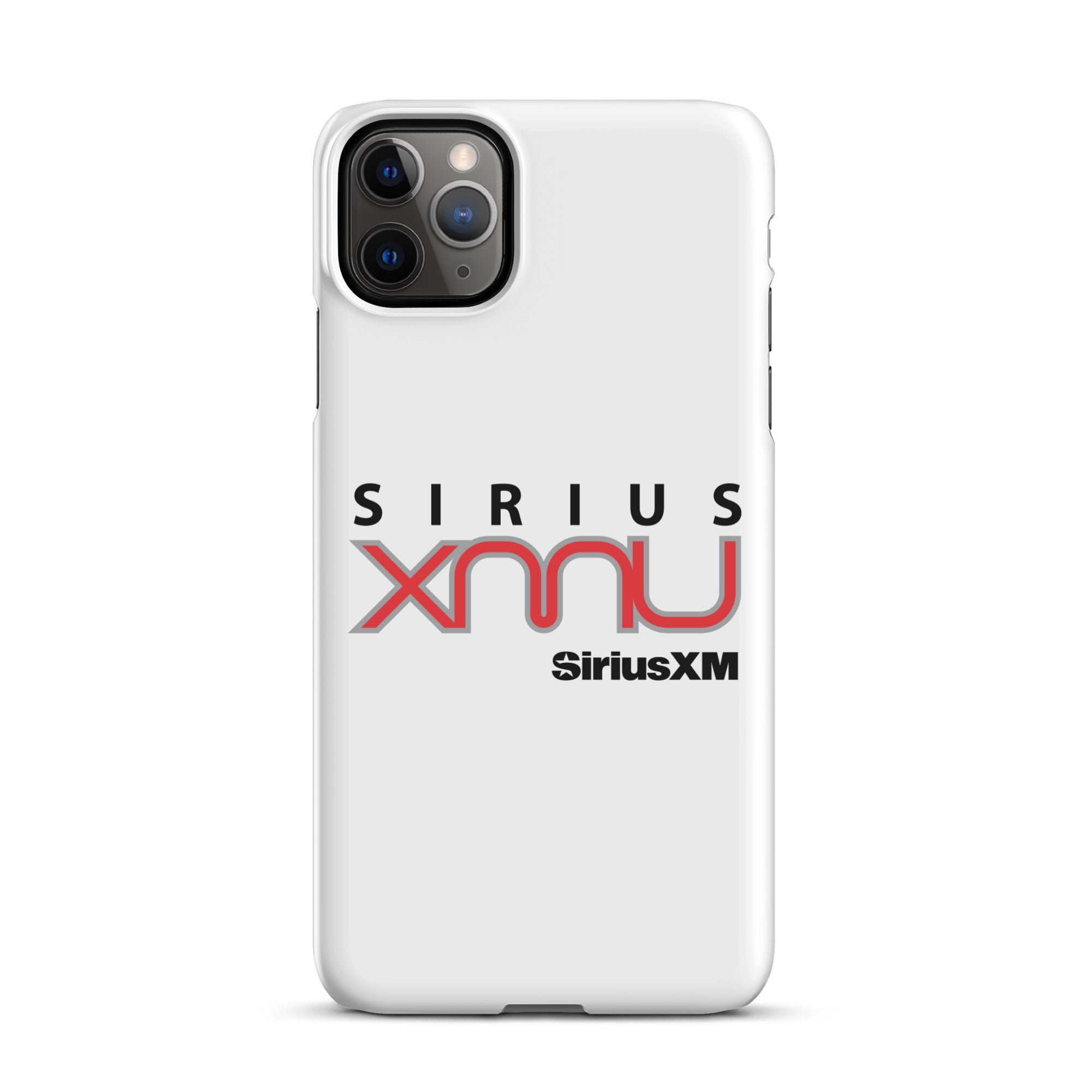 White phone case featuring the 'SiriusXM' logo with 'SIRIUS XMU' text in black and red.