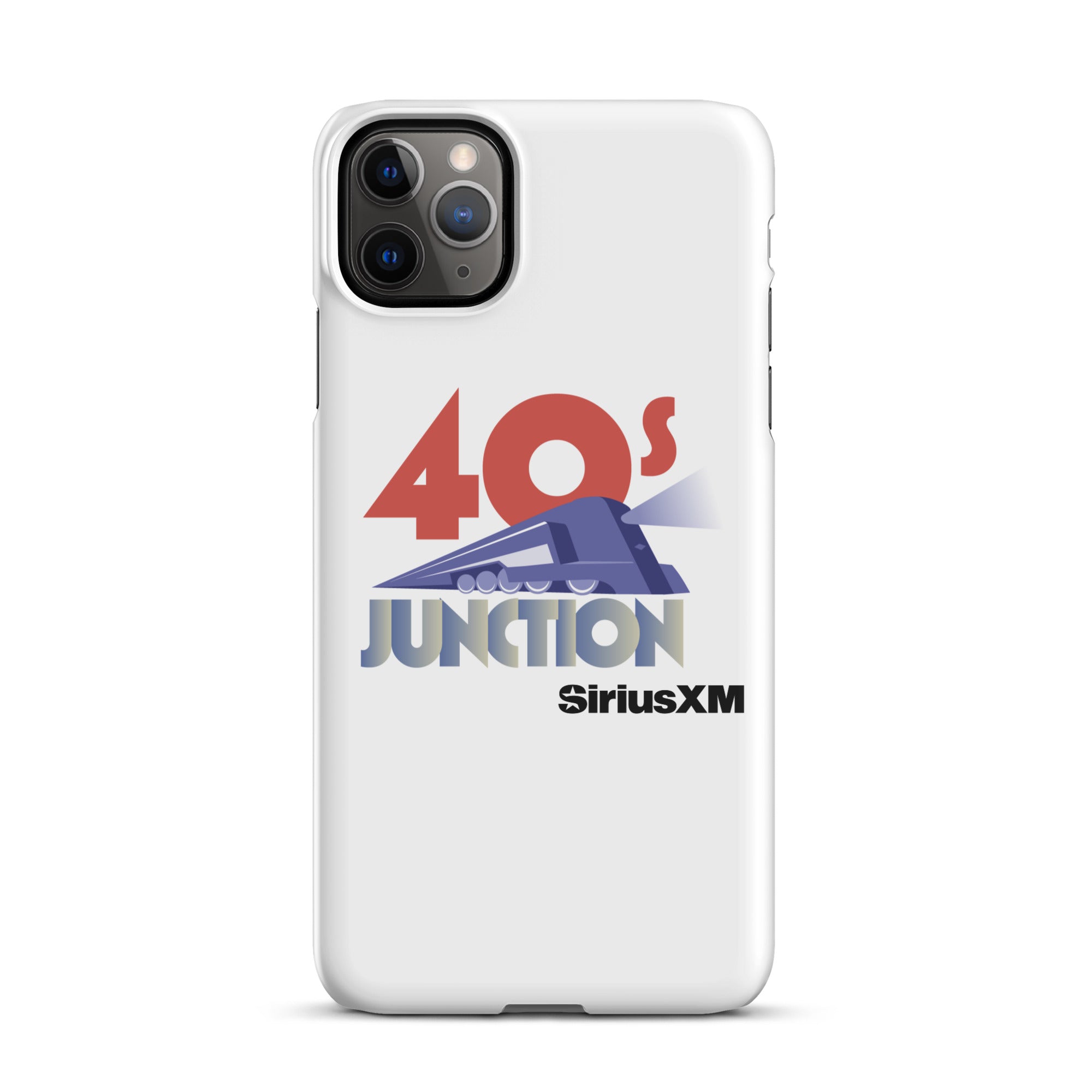 White phone case featuring the text '40s Junction' and a blue train graphic, with 'SiriusXM' logo below.