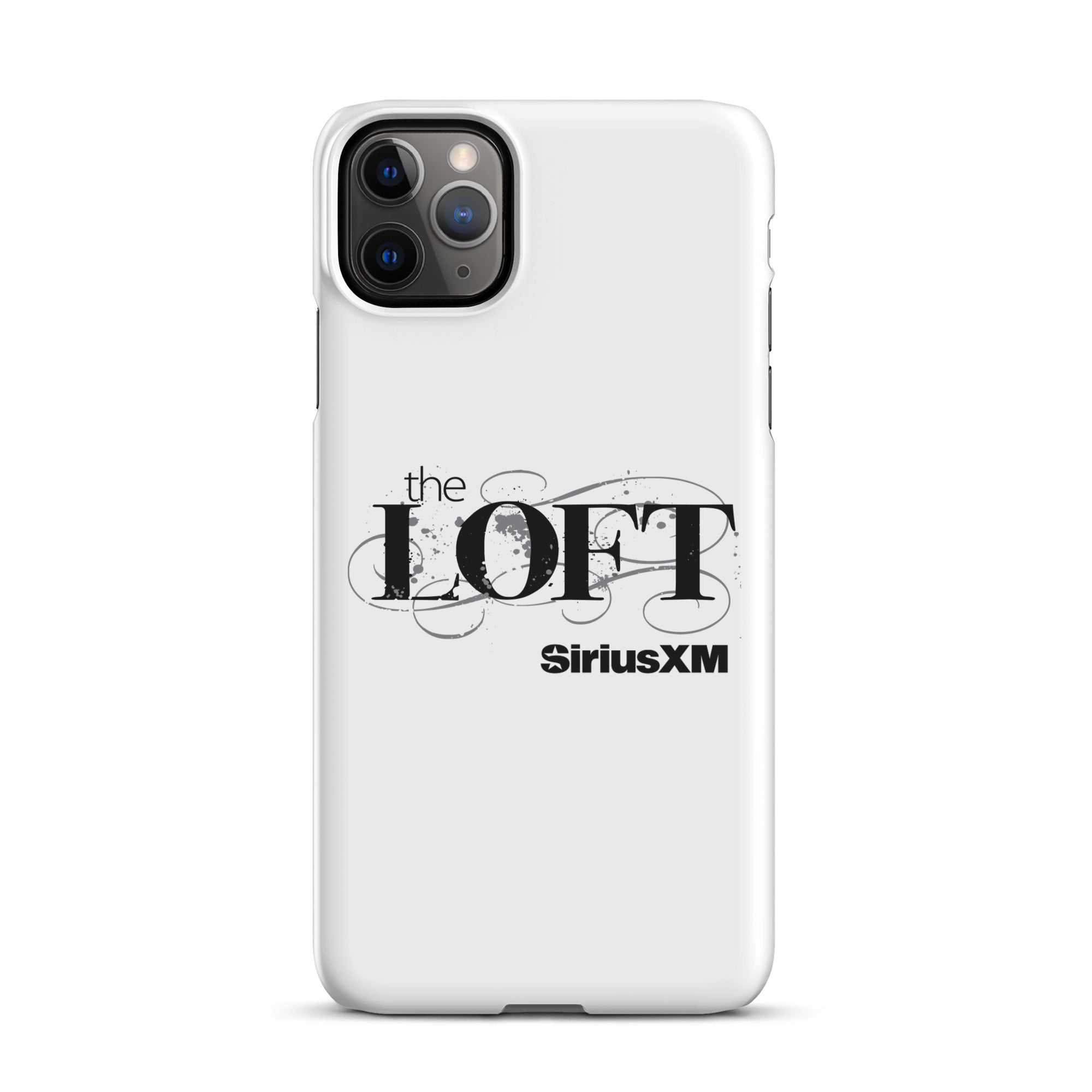 White phone case featuring 'the LOFT' and 'SiriusXM' logos in black text.
