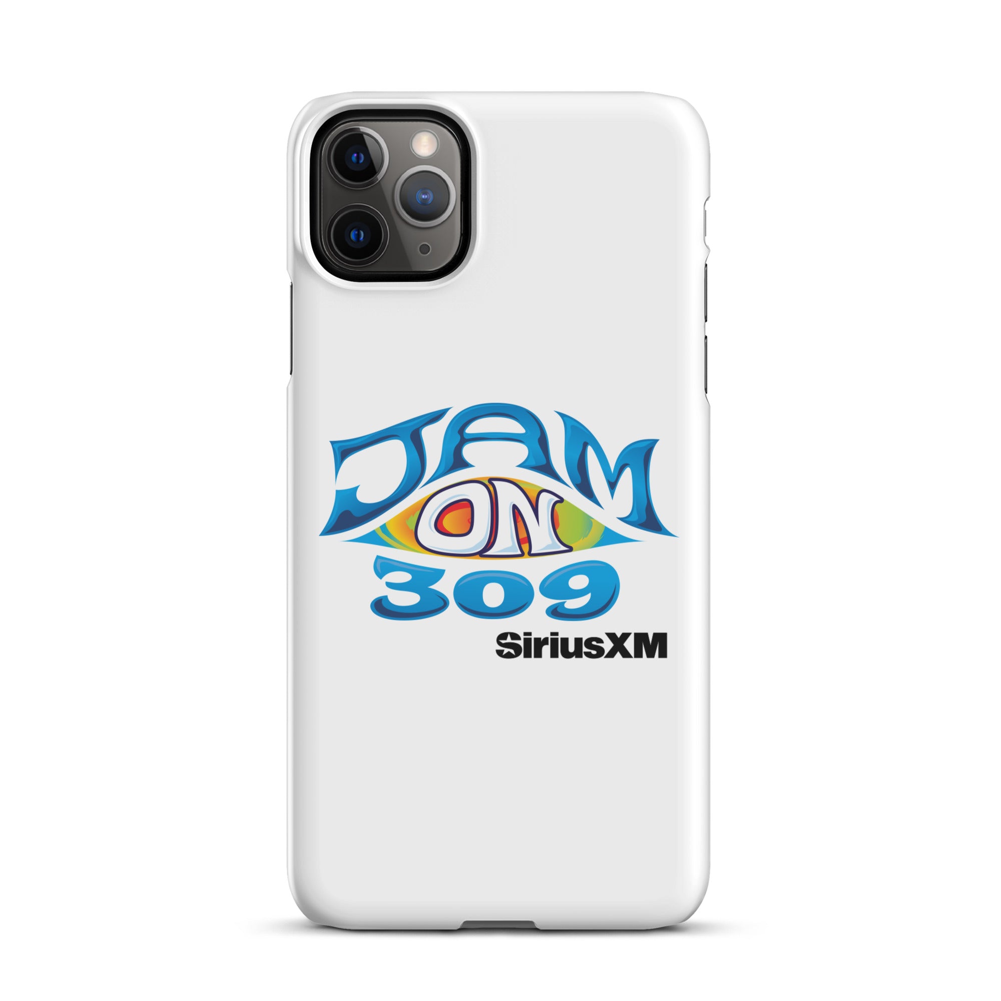 White phone case featuring the logo 'JAM ON 309' and 'SiriusXM' in colorful, stylized lettering.