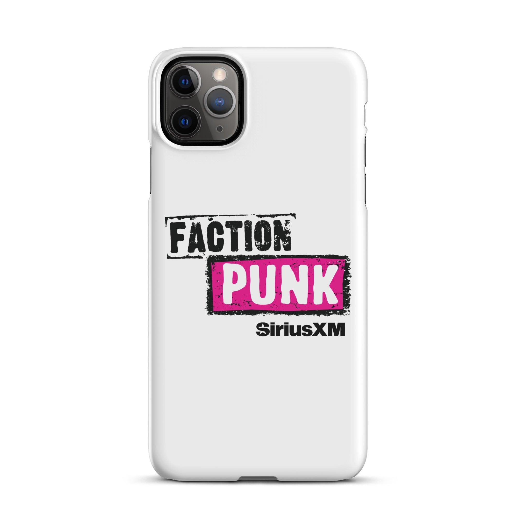 White phone case featuring 'FACTION PUNK' logo in pink and black with 'SiriusXM' branding below.