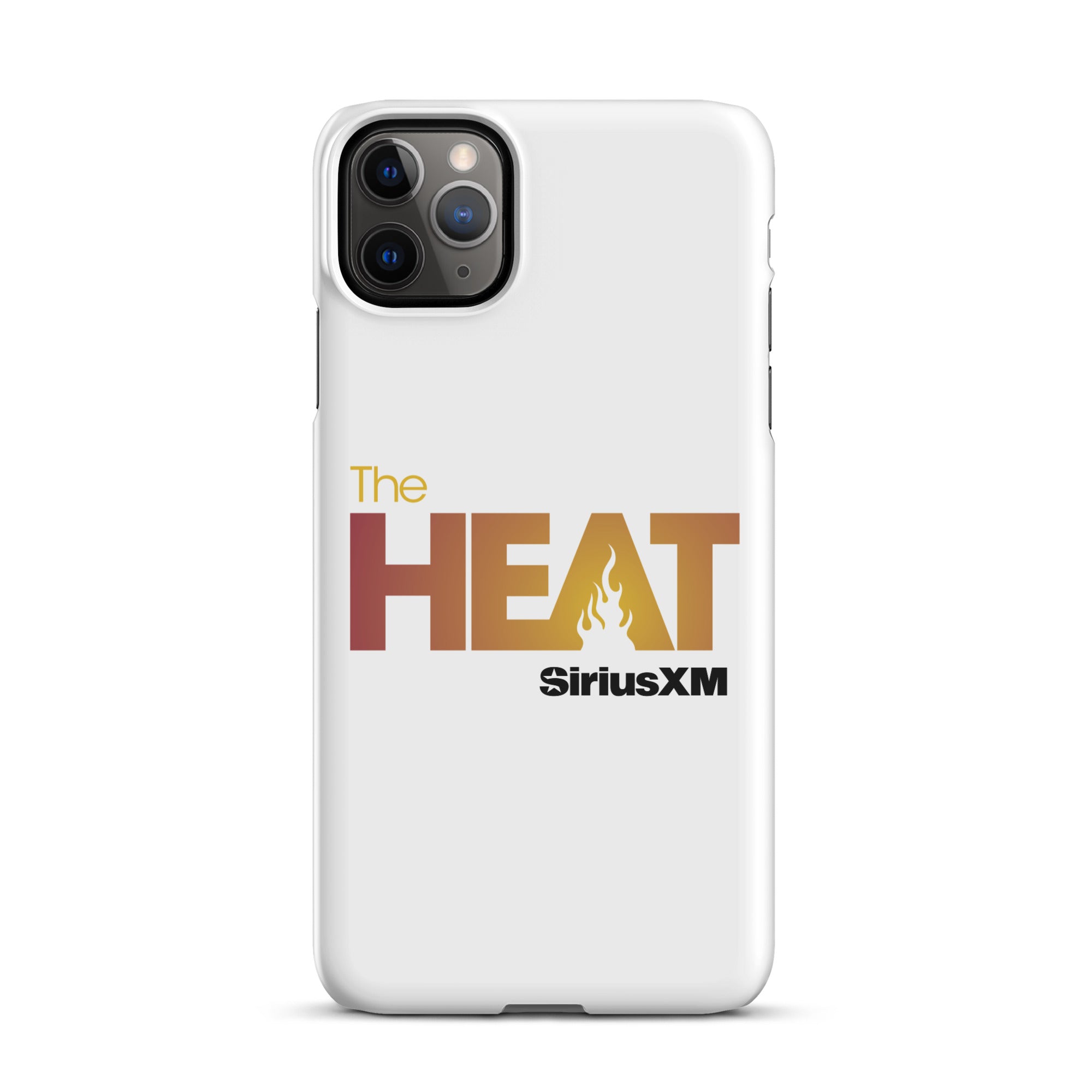 White phone case featuring 'The HEAT' text with a flame design and 'SiriusXM' logo.
