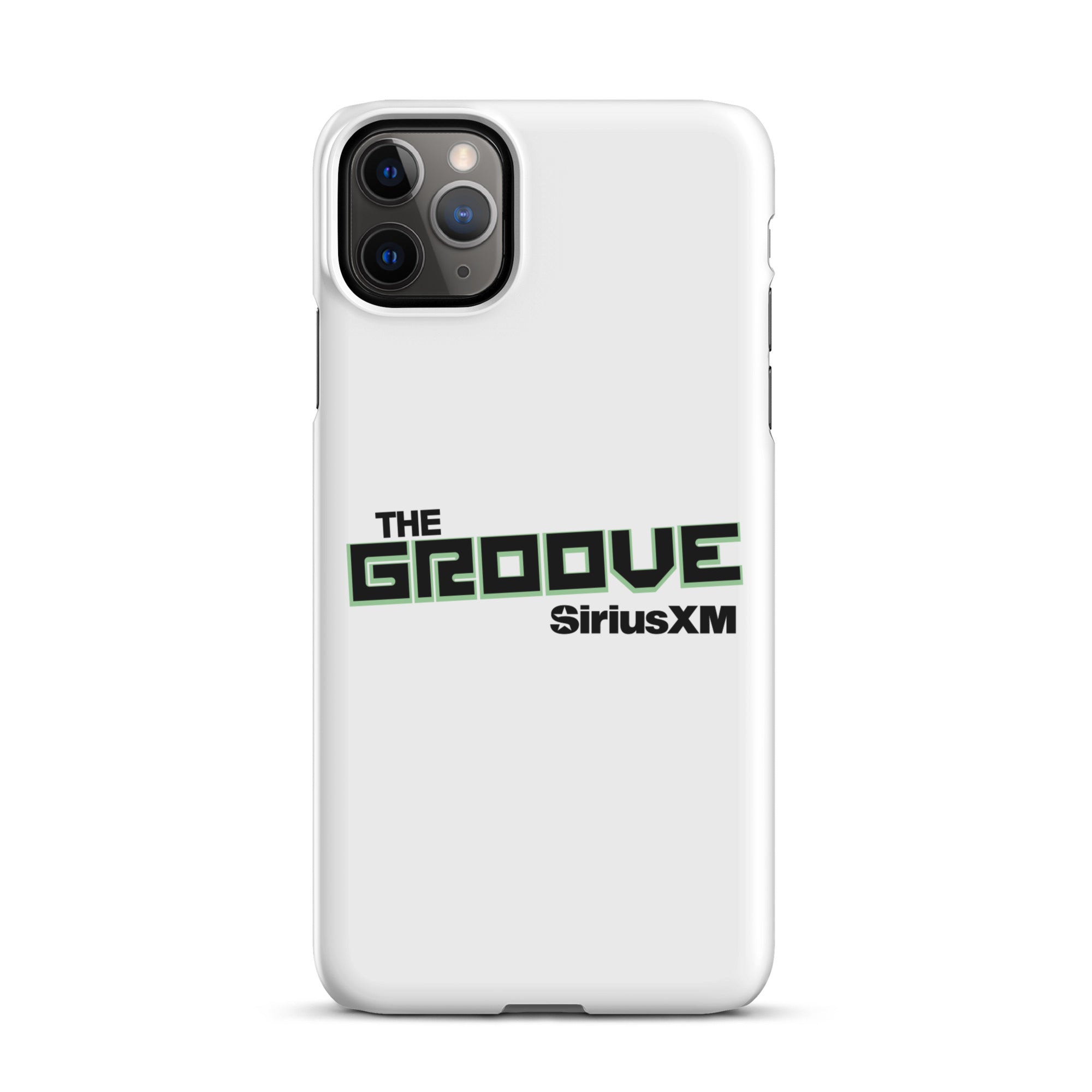 White phone case featuring 'THE GROOVE' and 'SiriusXM' logos in black and green.