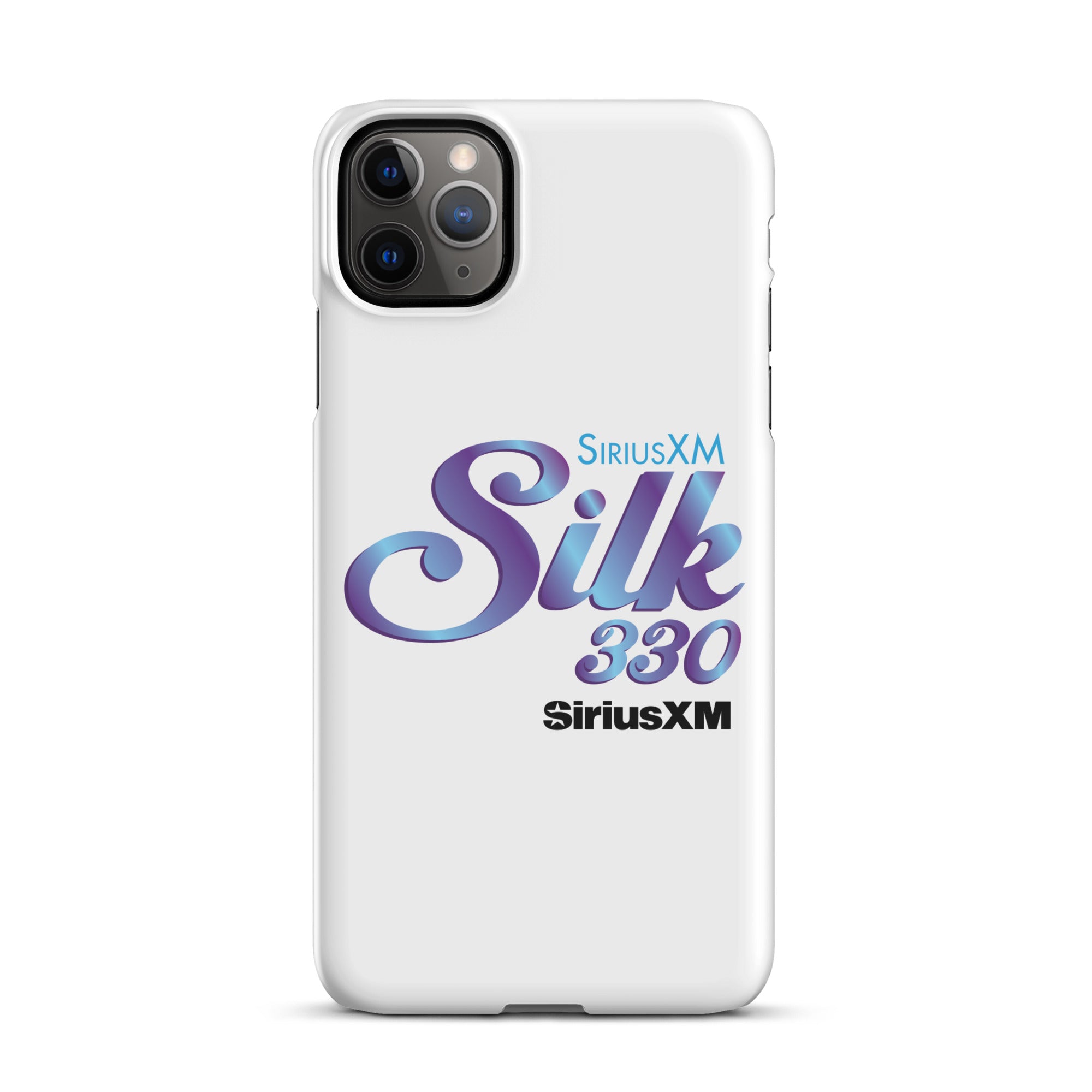 White smartphone case with 'SiriusXM Silk 330' logo in stylized purple and blue lettering and 'SiriusXM' branding.