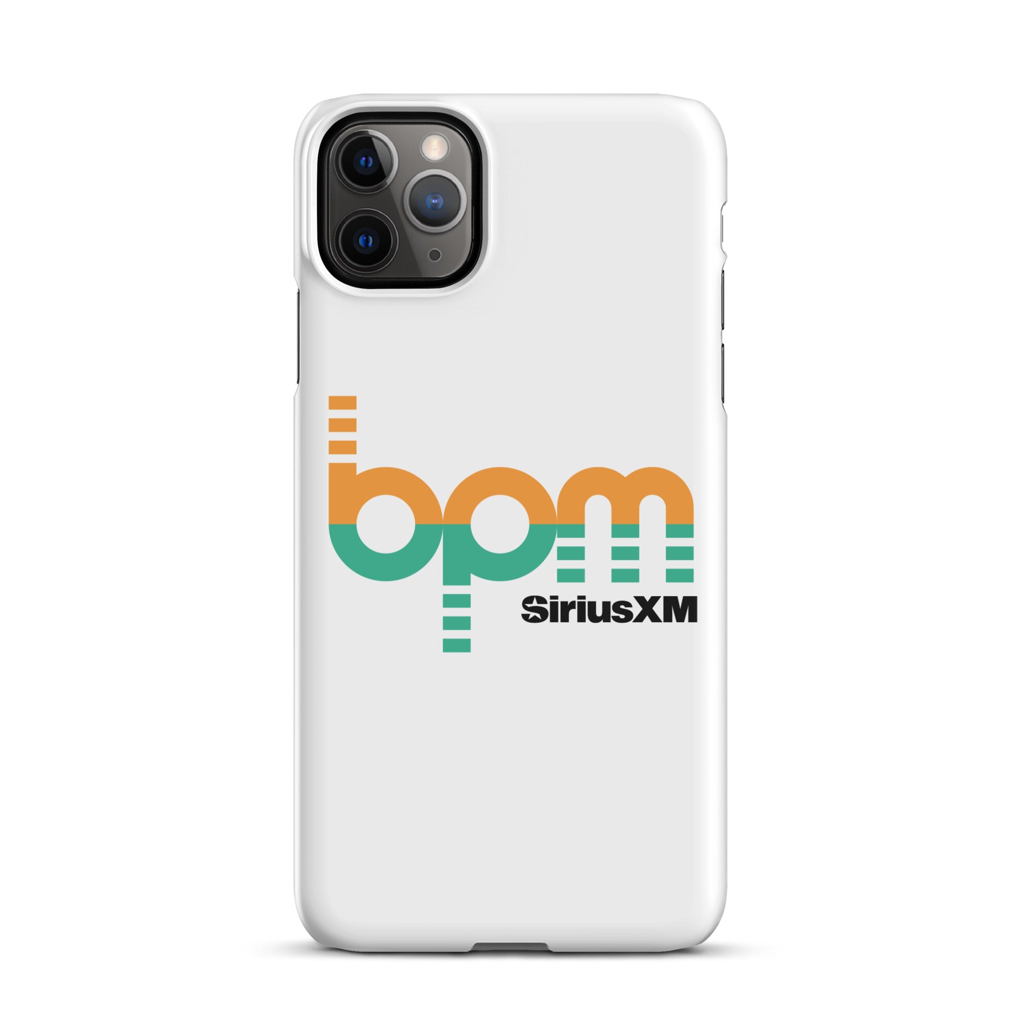 A white phone case featuring the 'BPM' logo in green and orange with 'SiriusXM' branding.