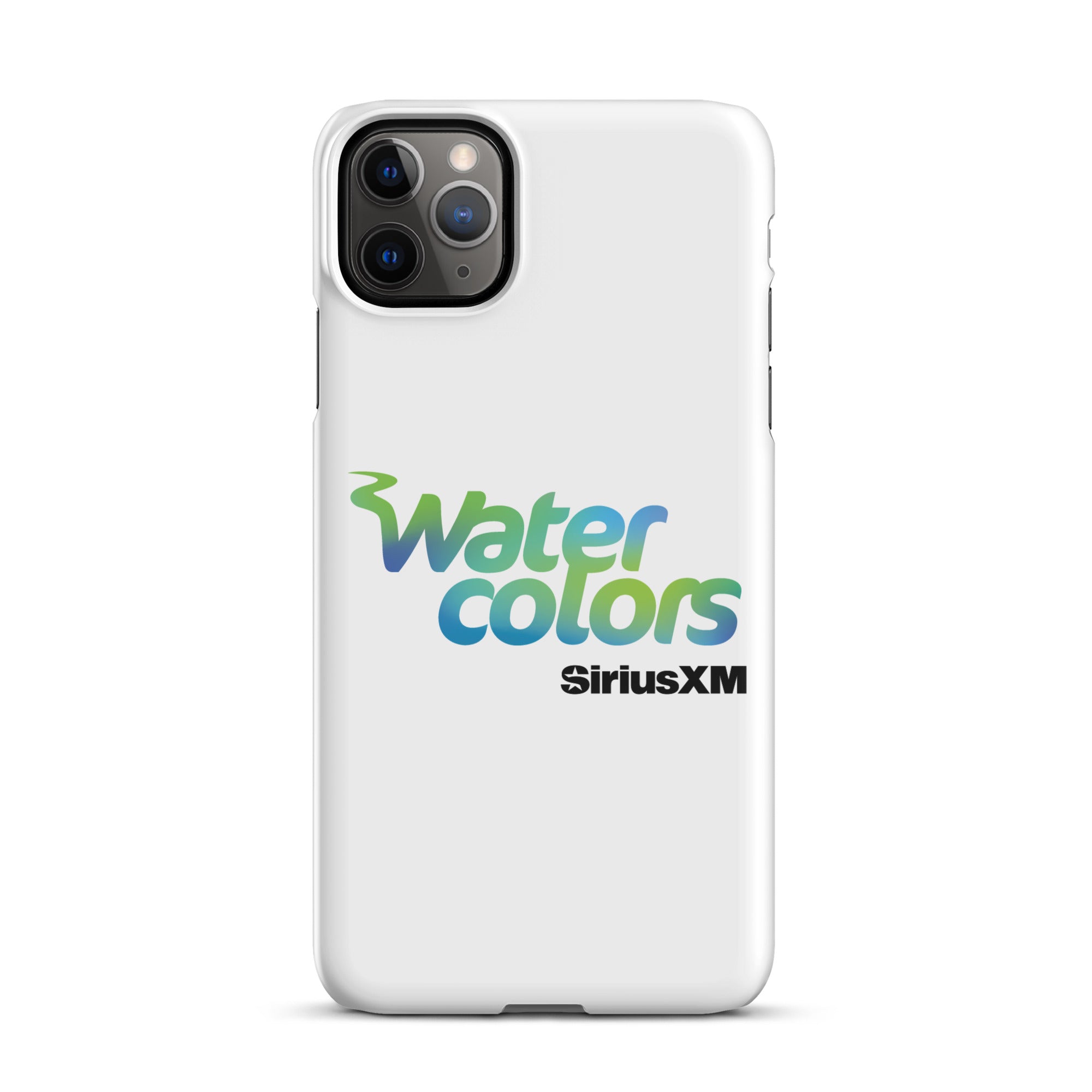 A white phone case featuring the 'Watercolors' logo and 'SiriusXM' branding.