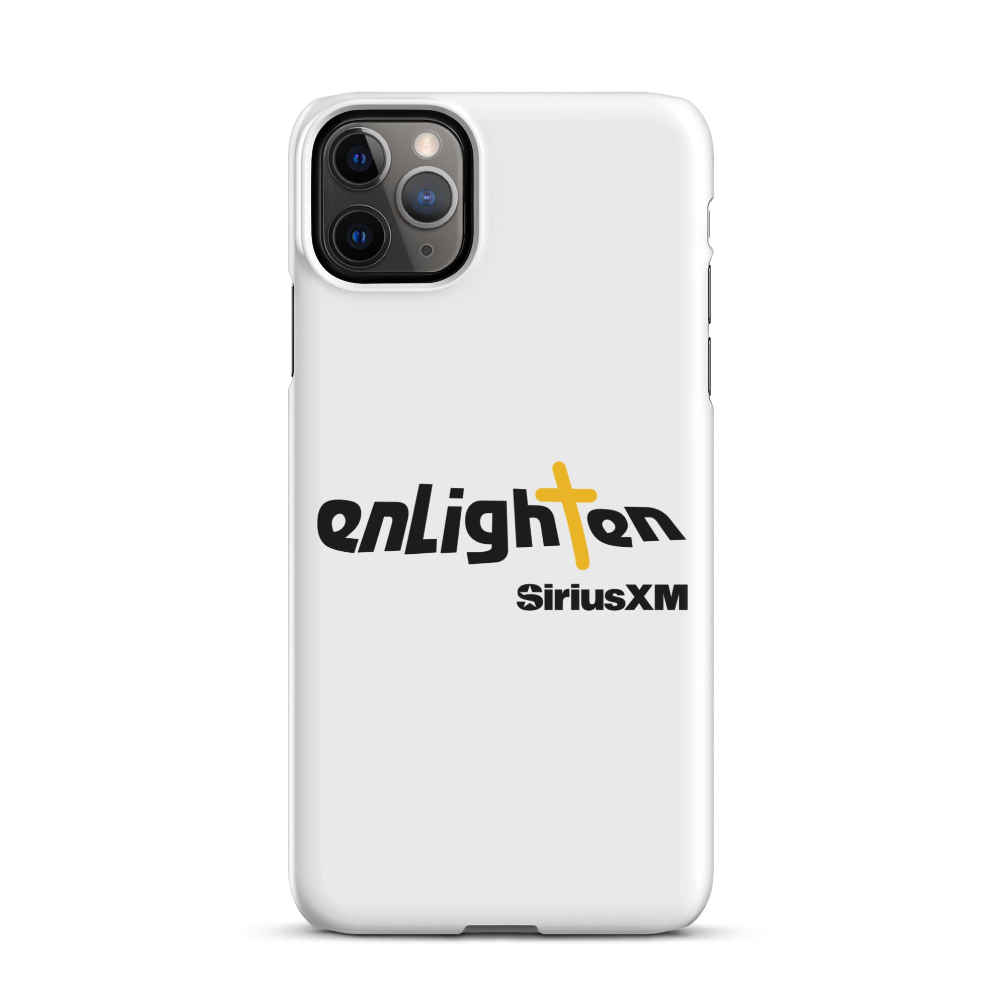 White phone case featuring the 'enLighten' logo with a cross and 'SiriusXM' text below.