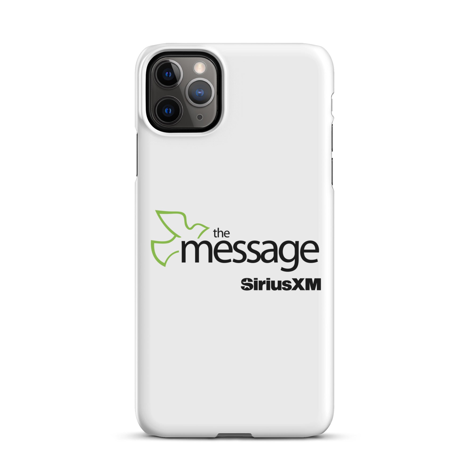 A white phone case featuring 'the message' logo with a green dove and 'SiriusXM' branding.
