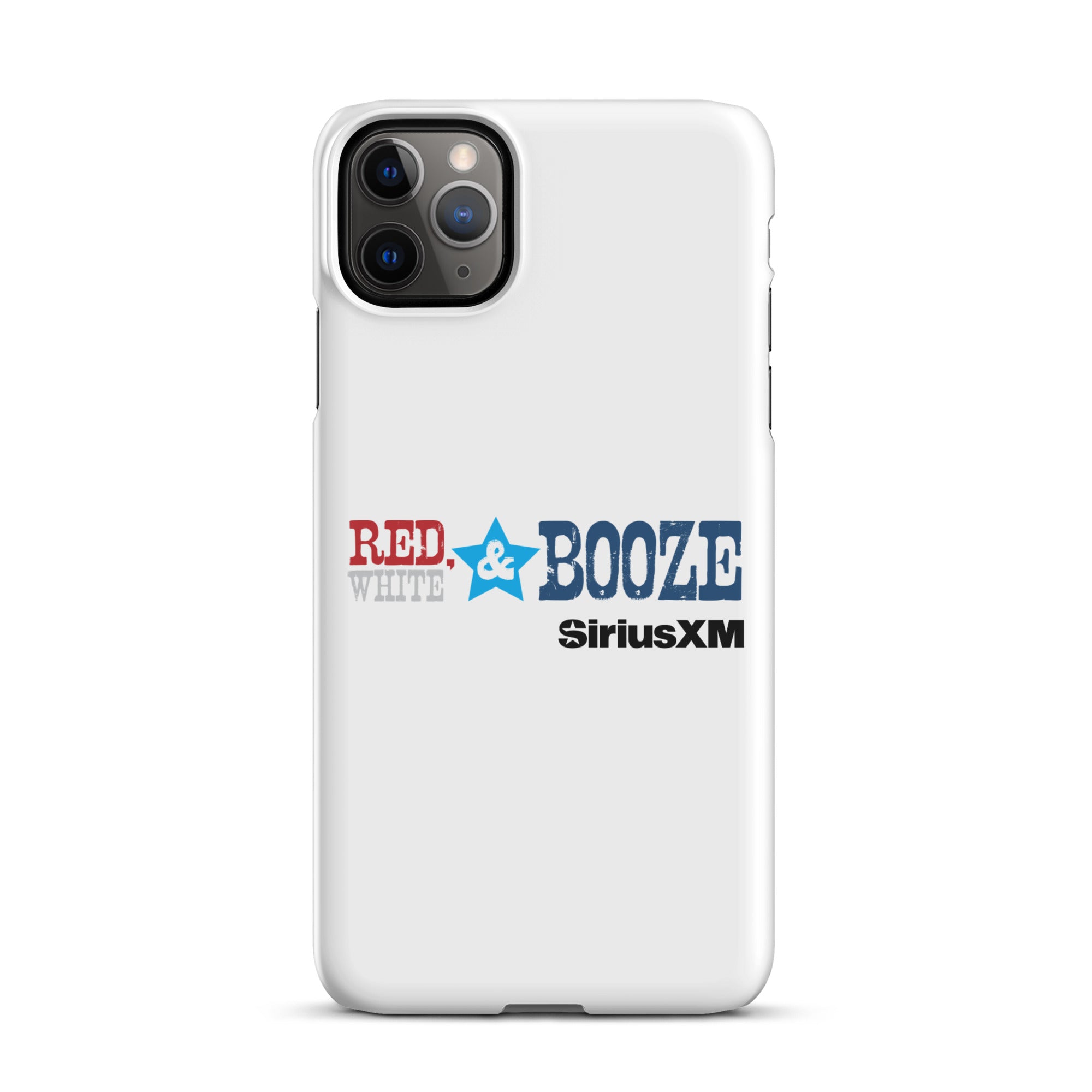 White phone case design with 'RED, WHITE & BOOZE' and 'SiriusXM' logos in red, blue, and black.