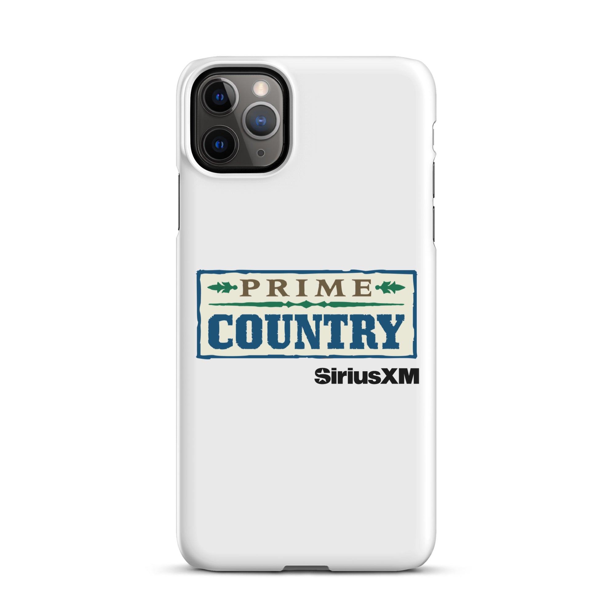 White phone case featuring the 'PRIME COUNTRY' logo and 'SiriusXM' branding.