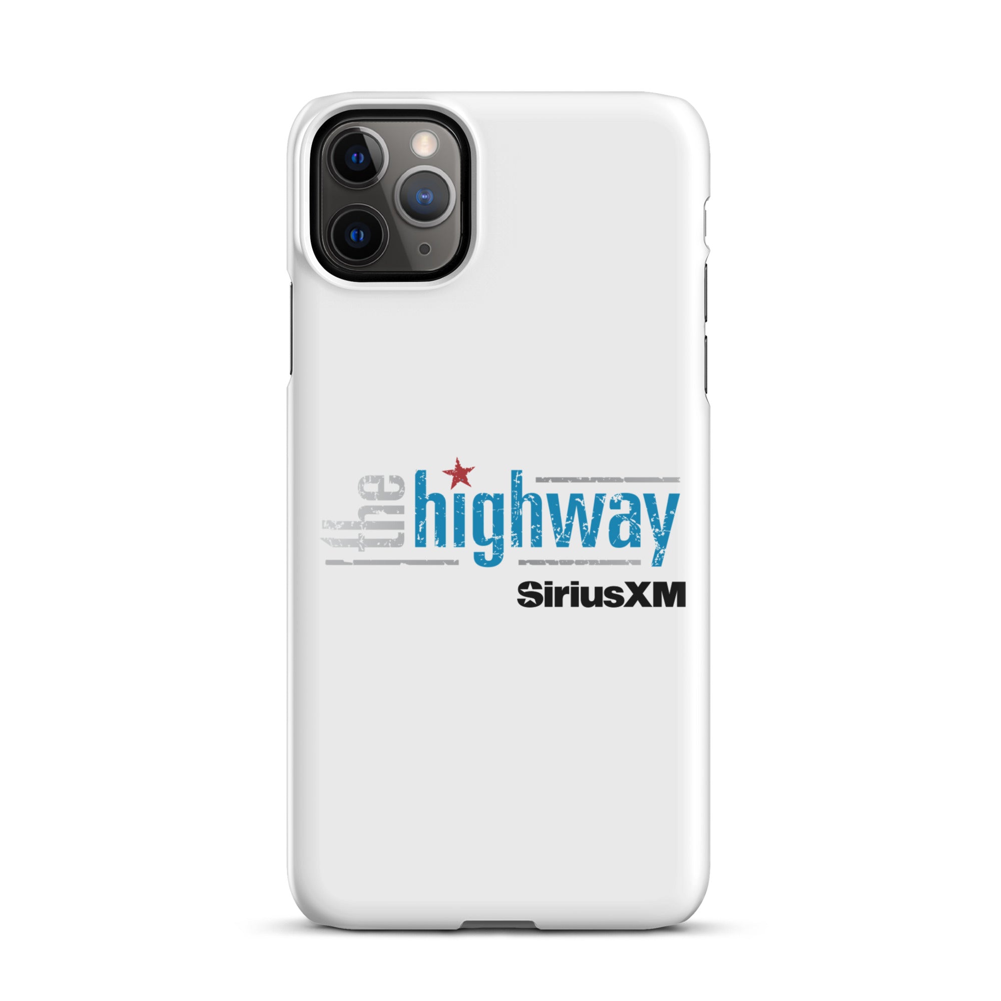White phone case featuring 'the highway' and 'SiriusXM' logos in blue and black.