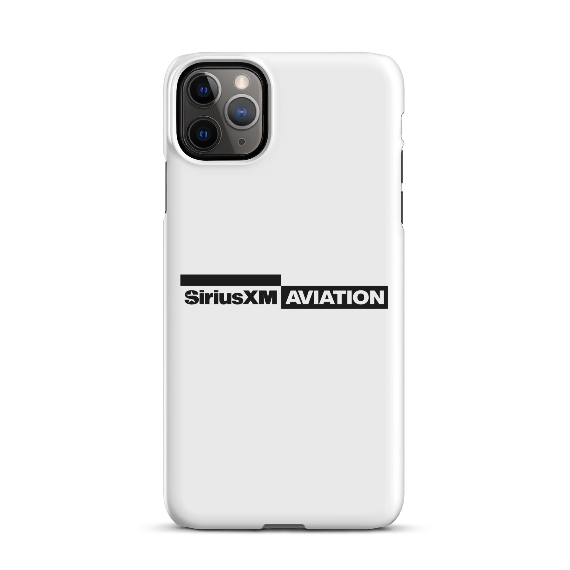 White phone case featuring the SiriusXM Aviation logo in black.