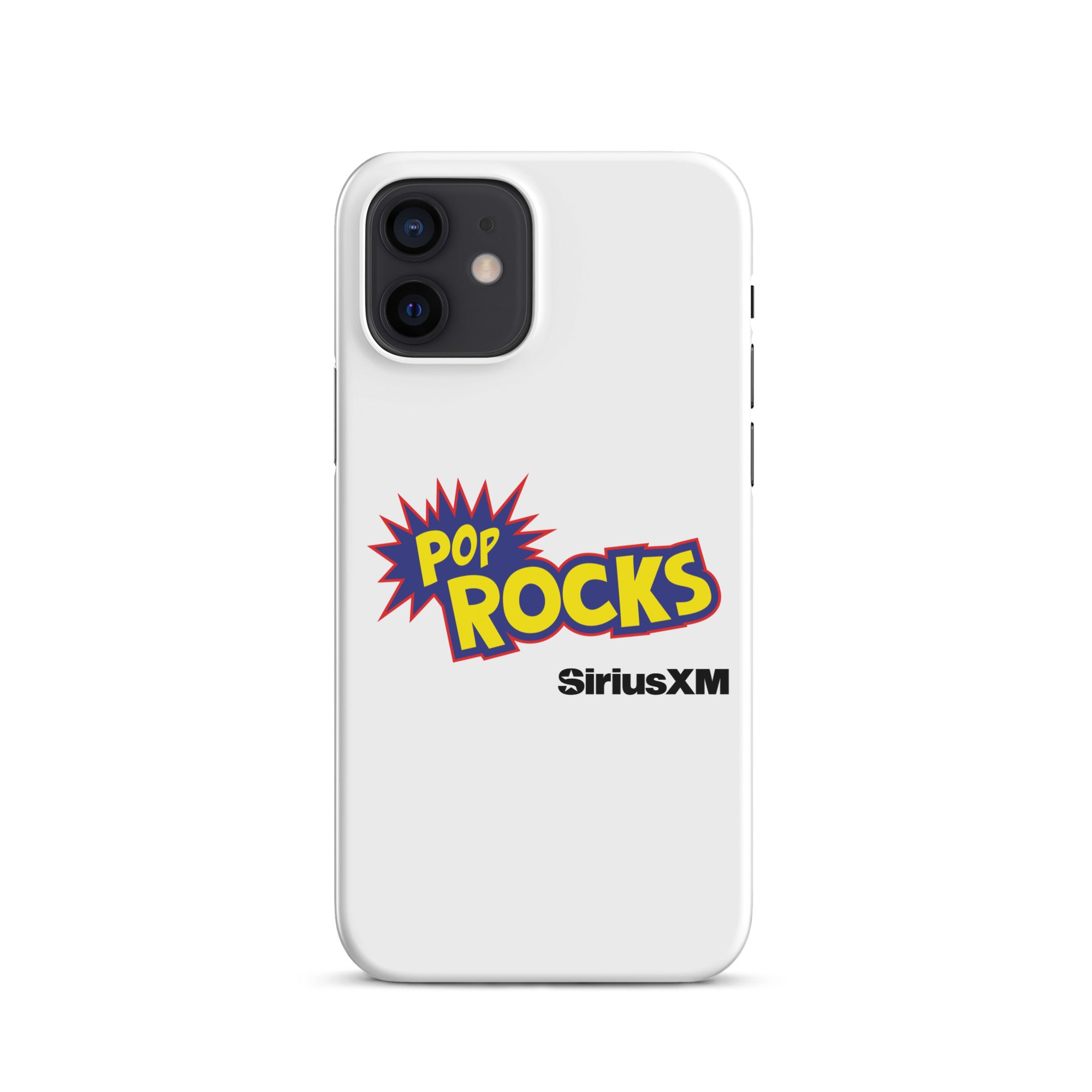 White phone case featuring 'POP ROCKS' logo with a burst design and 'SiriusXM' logo.