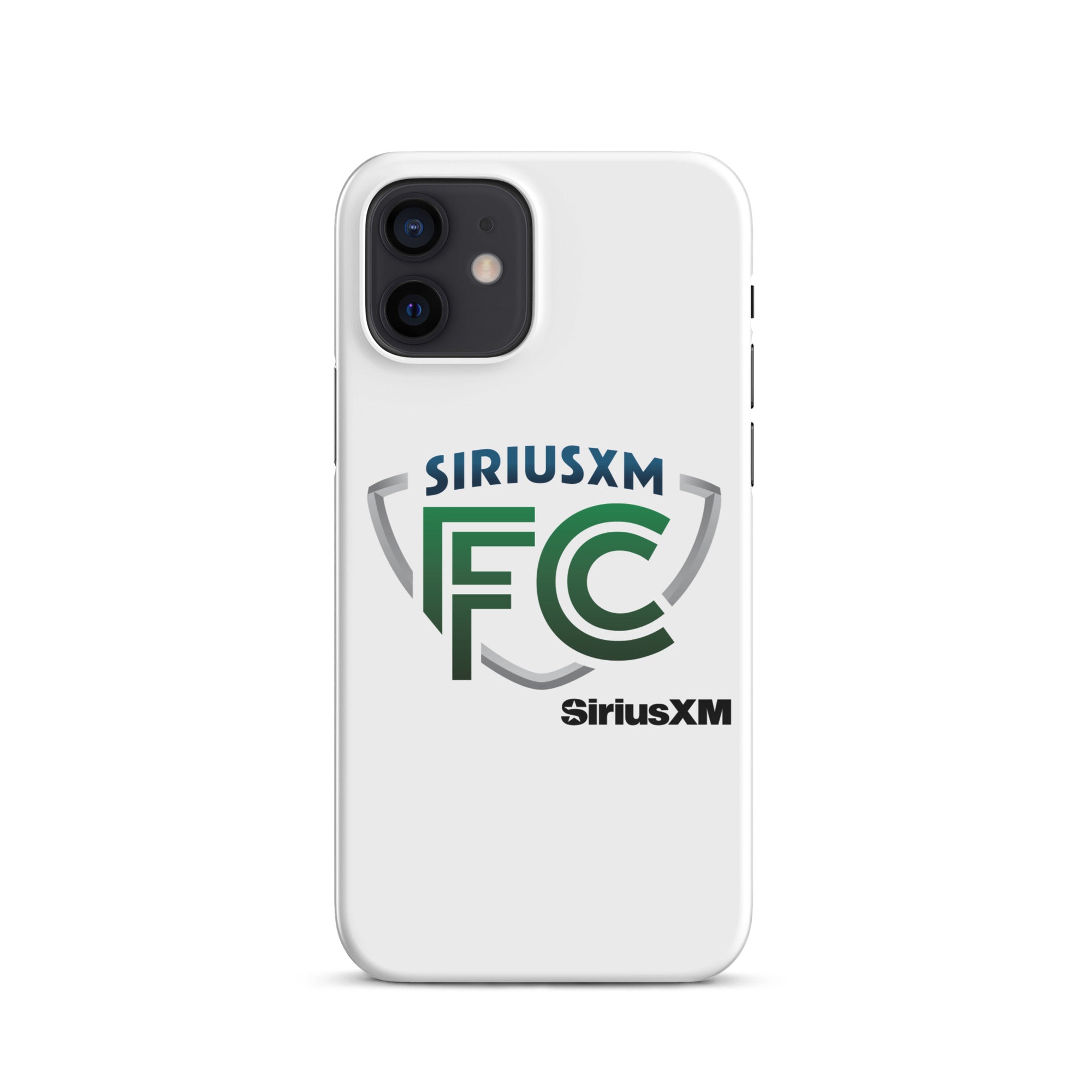 White phone case featuring the 'SiriusXM FC' logo in green and gray with 'SiriusXM' branding in black.
