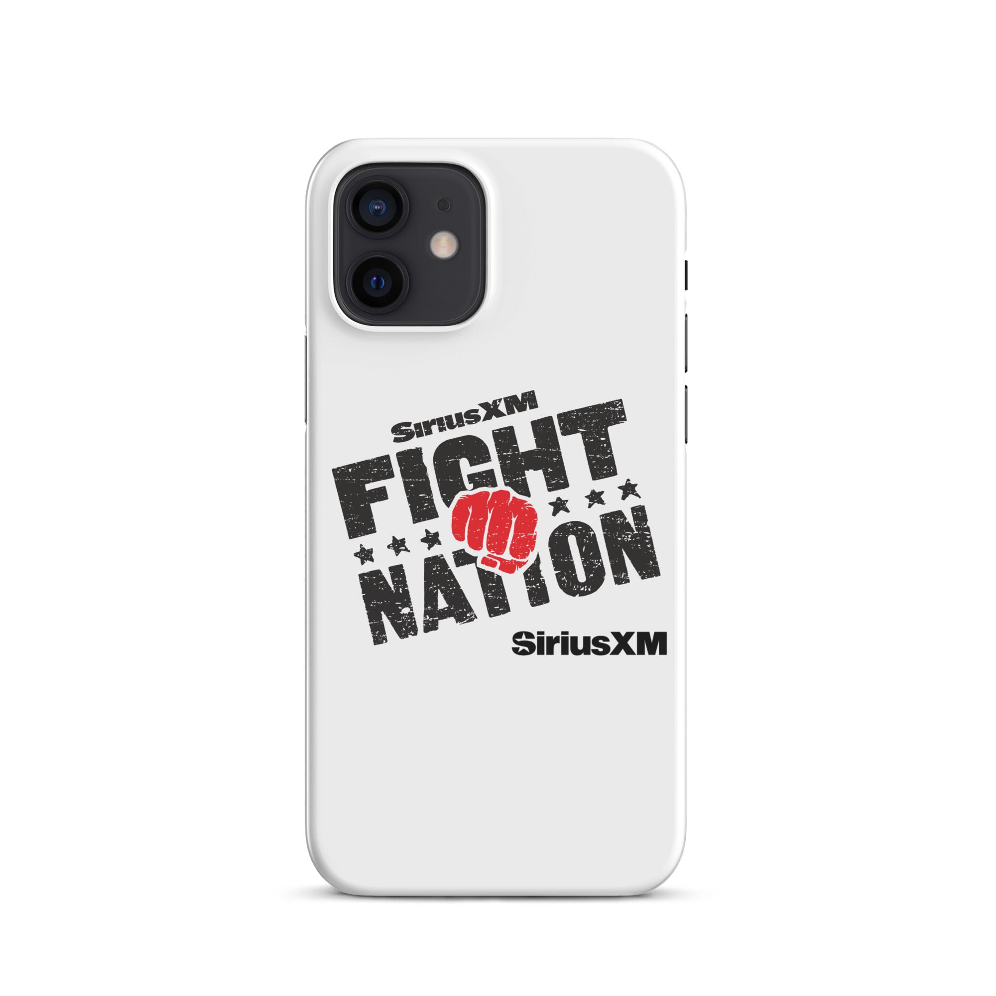 White phone case featuring 'SiriusXM FIGHT NATION' logo with a red fist and stars with 'SiriusXM' branding underneath.