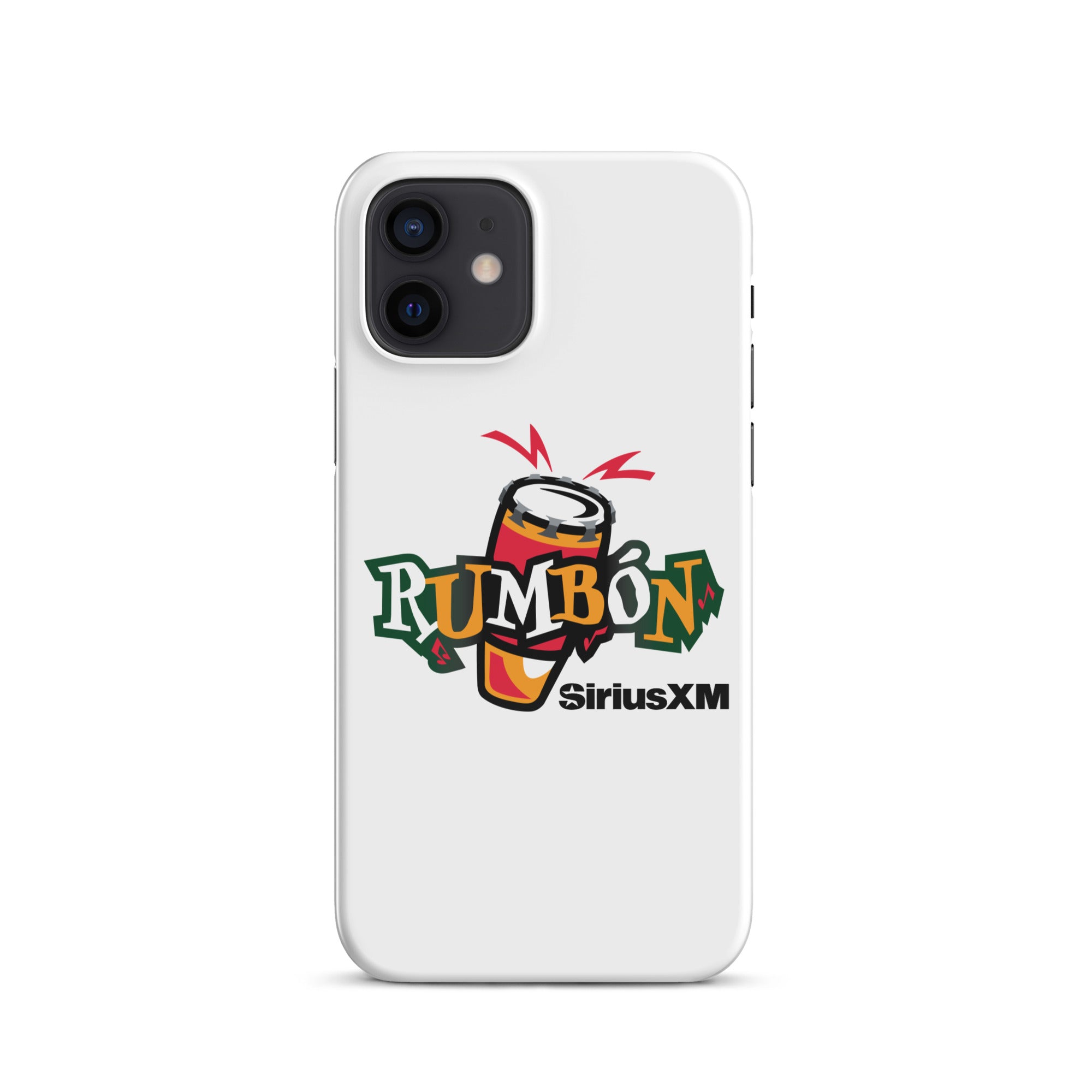White phone case featuring 'Rumbón' logo with a conga drum and 'SiriusXM' branding.