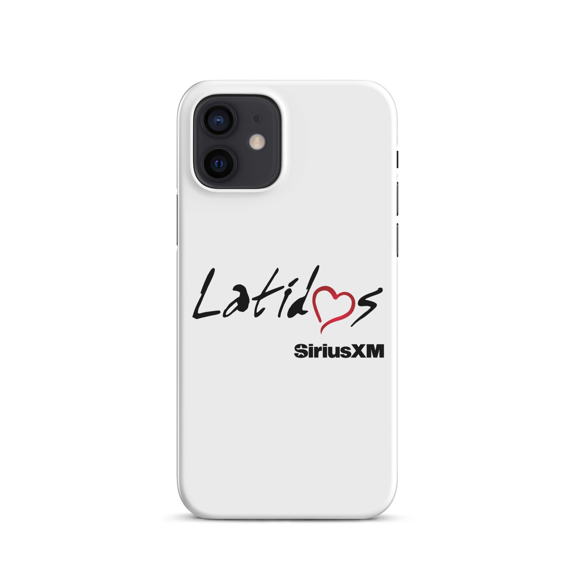 White phone case featuring the text 'Latidos' with a red heart and 'SiriusXM' logo.