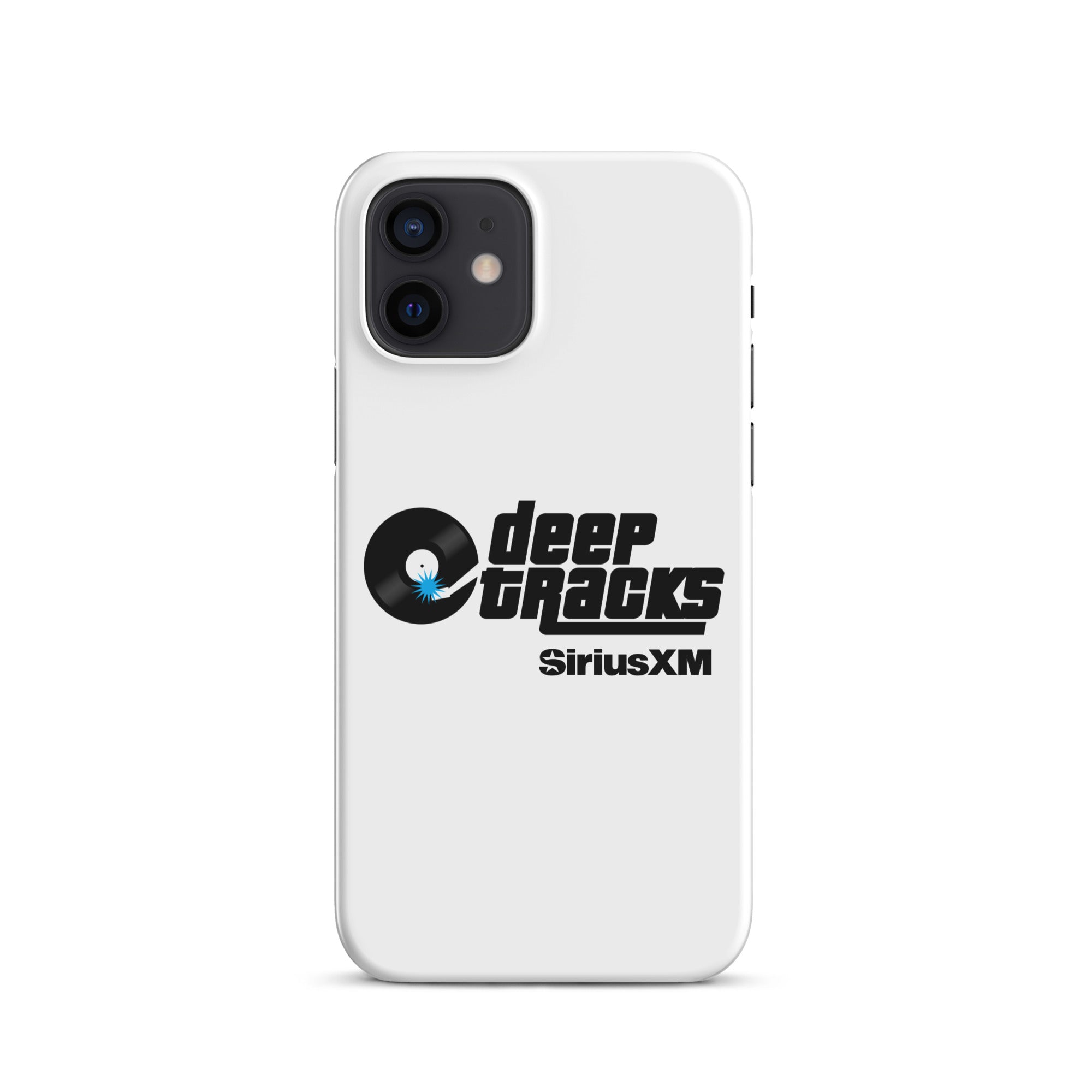 White phone case featuring 'deep TRACKS' and 'SiriusXM' logos with a vinyl record graphic.