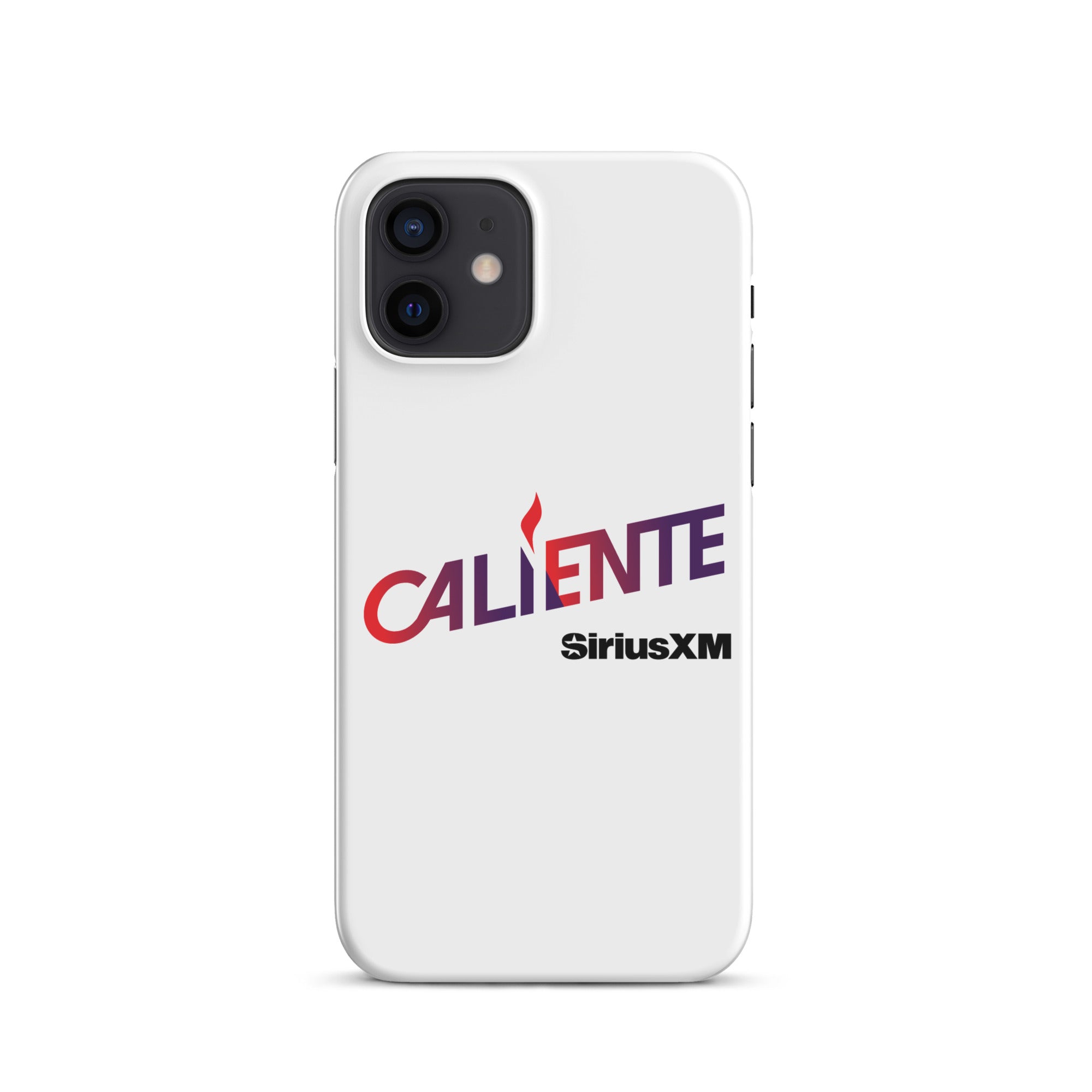 White phone case featuring 'CALIENTE' logo and 'SiriusXM' in bold lettering.