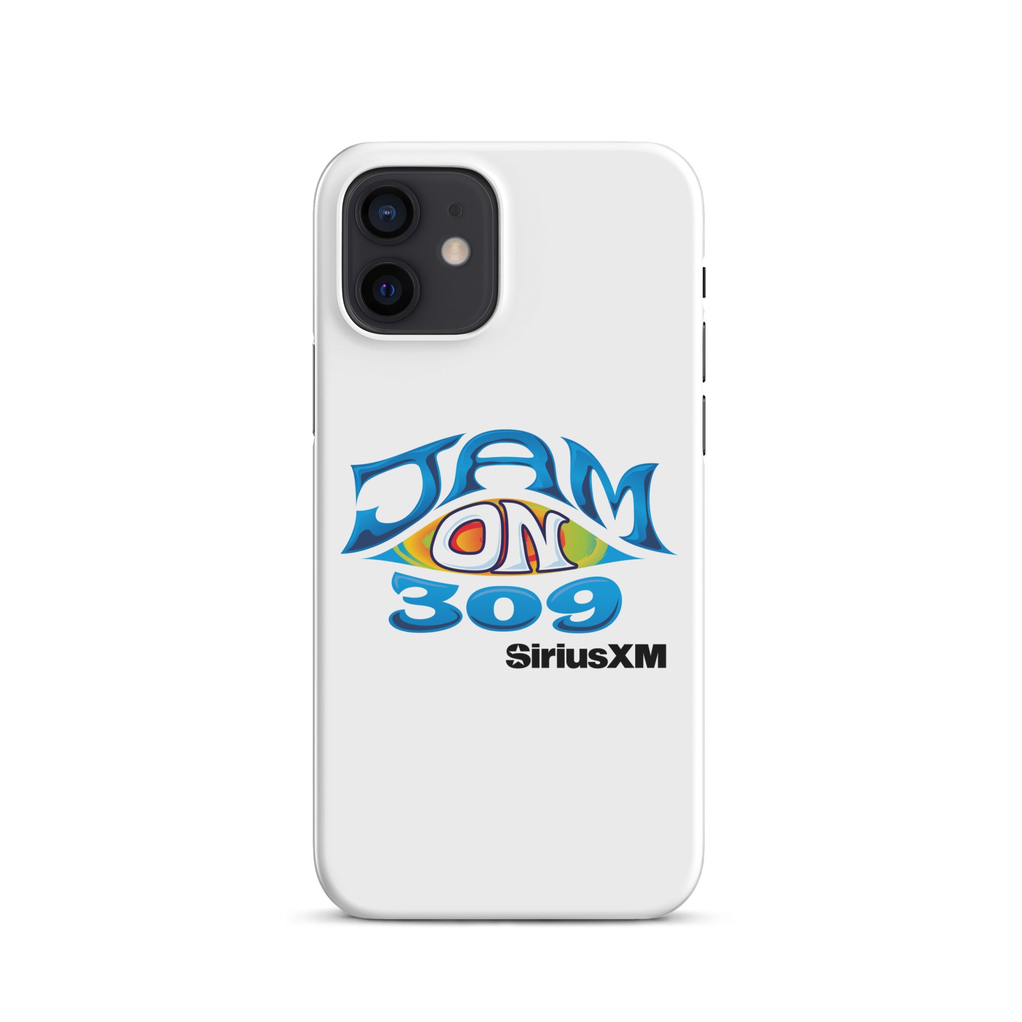 White phone case featuring the logo 'JAM ON 309' and 'SiriusXM' in colorful, stylized lettering.