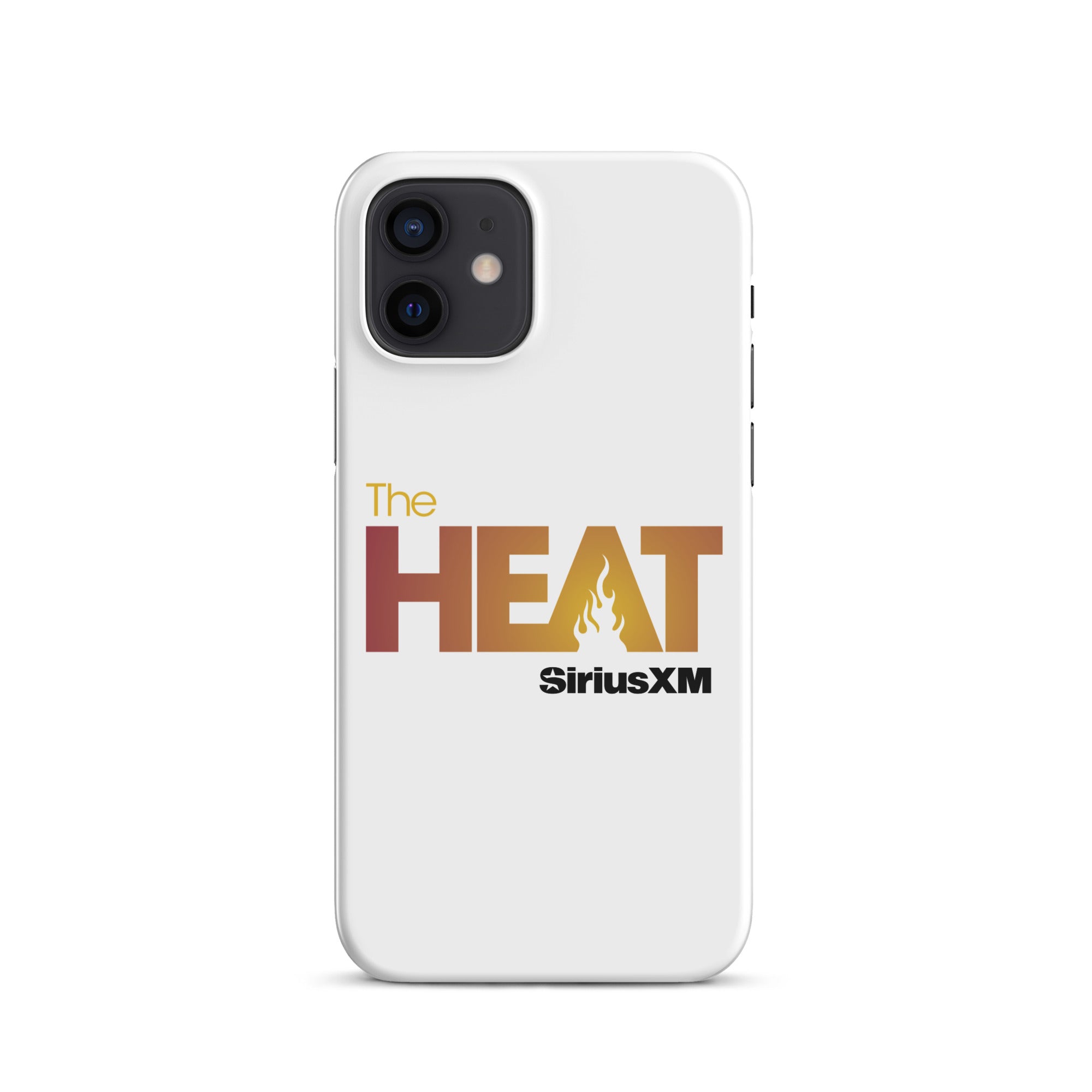 White phone case featuring 'The HEAT' text with a flame design and 'SiriusXM' logo.