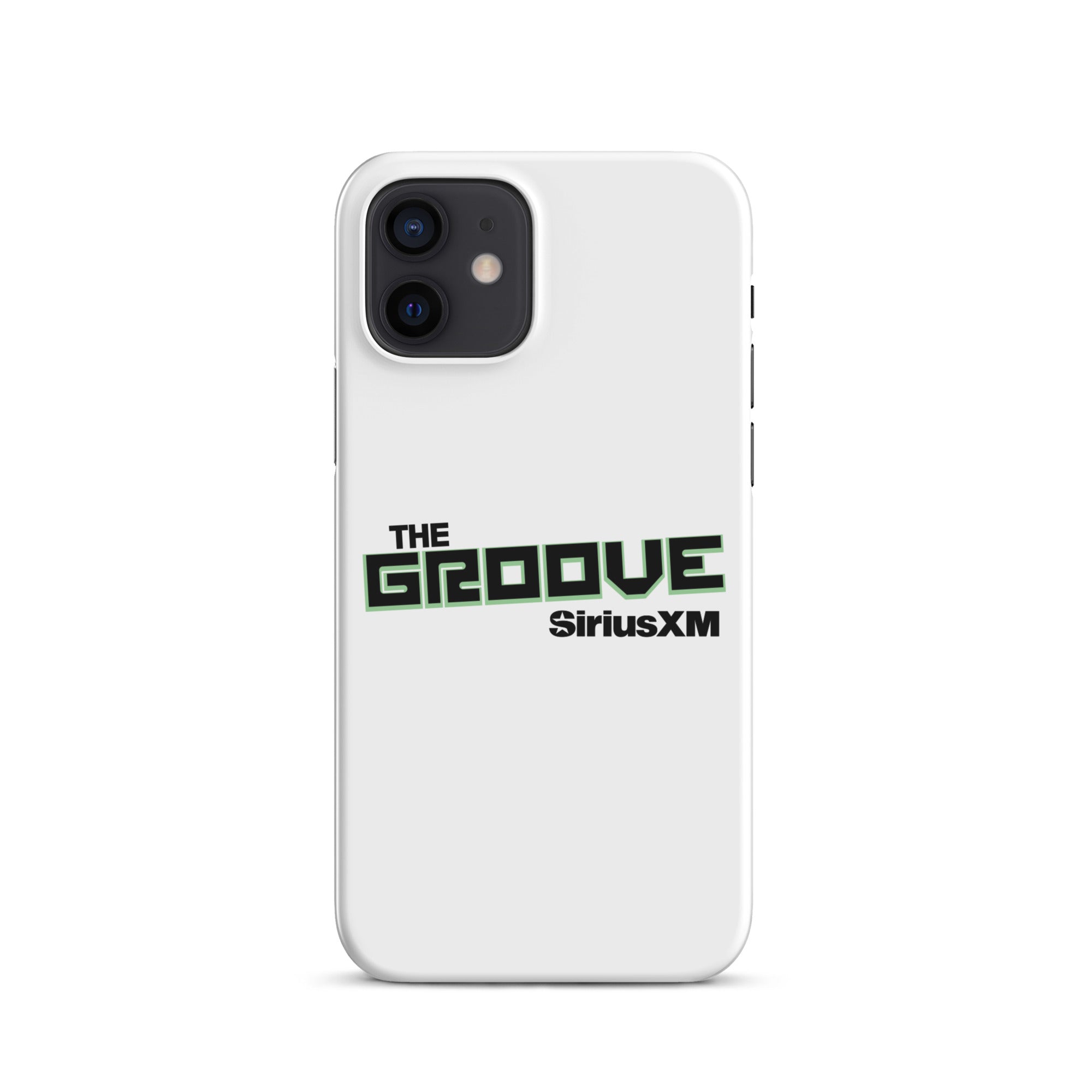 White phone case featuring 'THE GROOVE' and 'SiriusXM' logos in black and green.