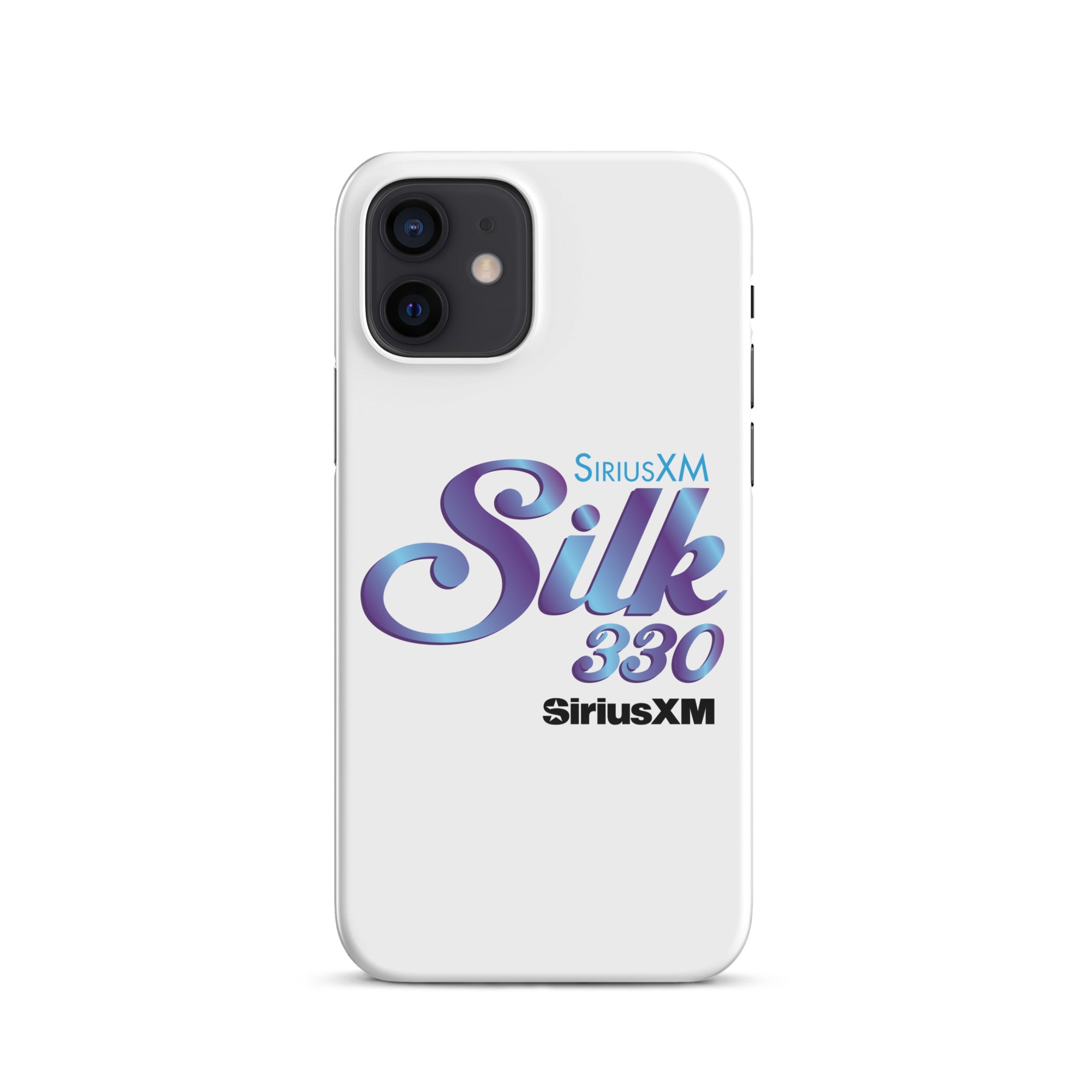 White smartphone case with 'SiriusXM Silk 330' logo in stylized purple and blue lettering and 'SiriusXM' branding.