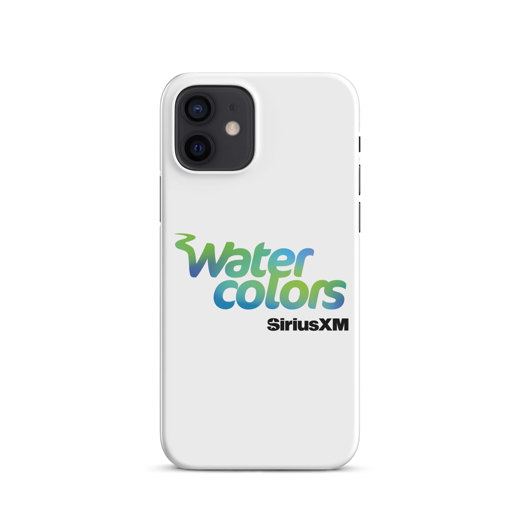 A white phone case featuring the 'Watercolors' logo and 'SiriusXM' branding.