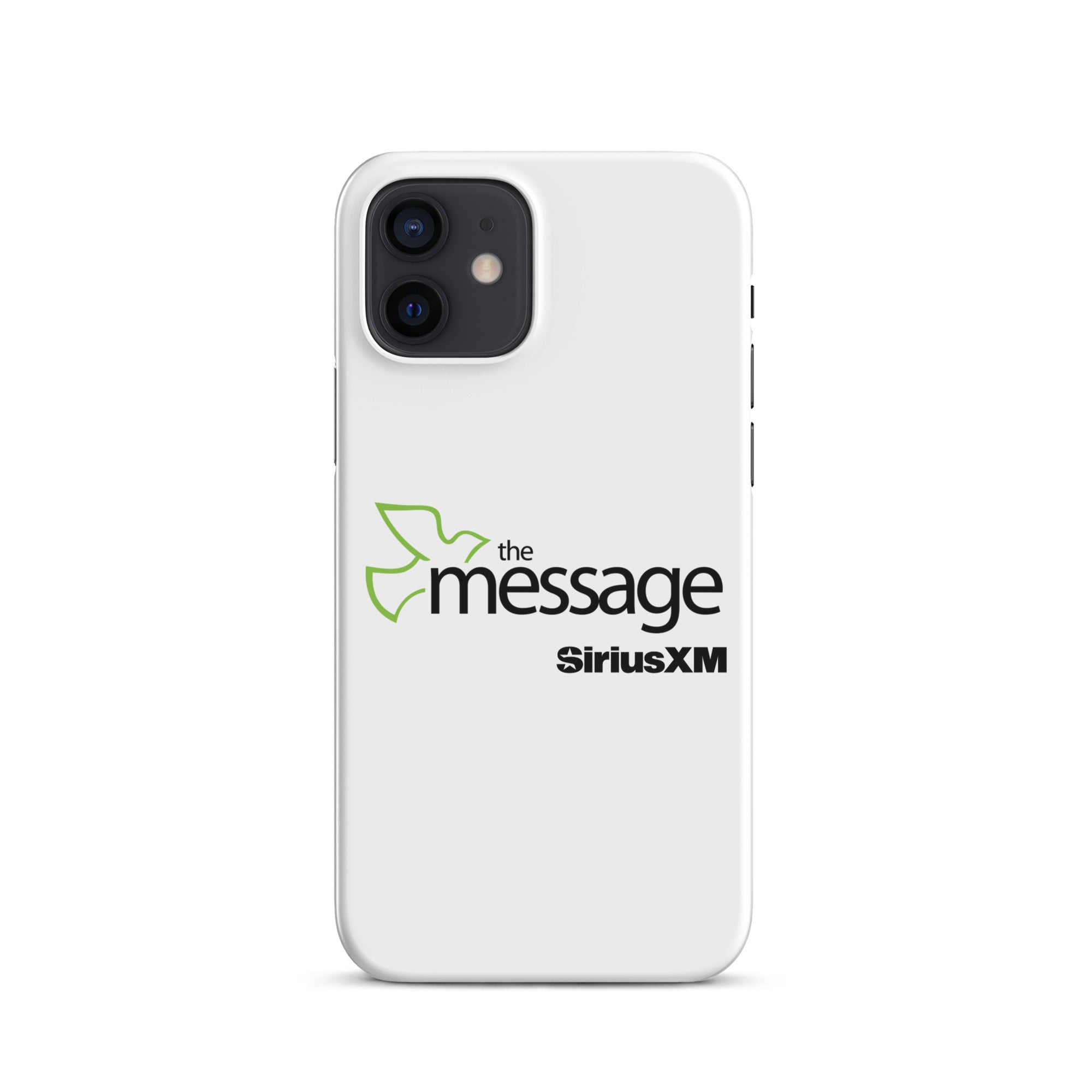 A white phone case featuring 'the message' logo with a green dove and 'SiriusXM' branding.