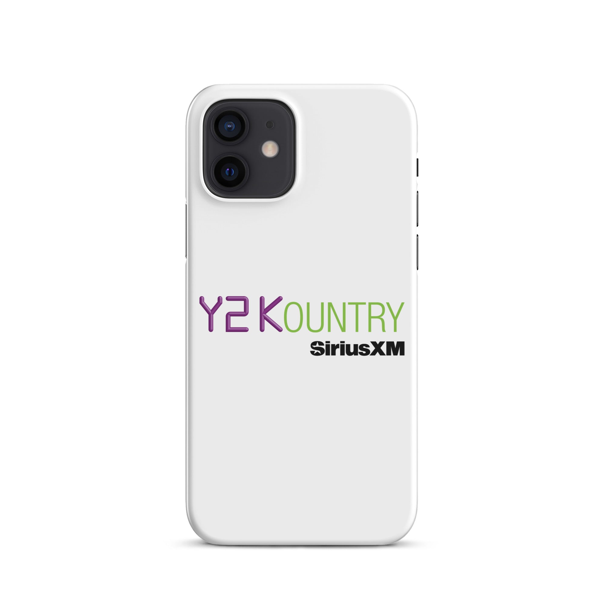 White phone case featuring the text 'Y2KOUNTRY' and 'SiriusXM' in purple and green.