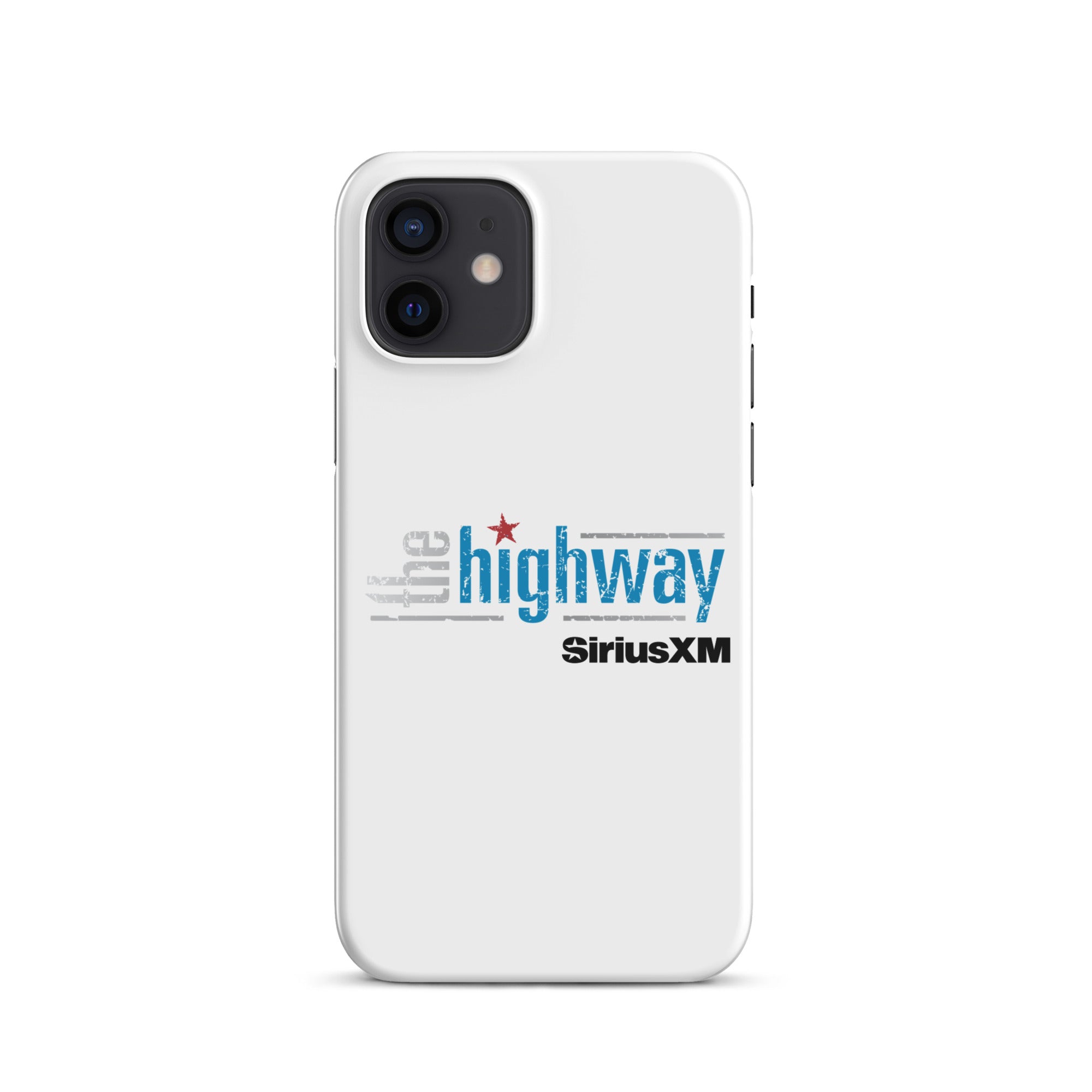 White phone case featuring 'the highway' and 'SiriusXM' logos in blue and black.