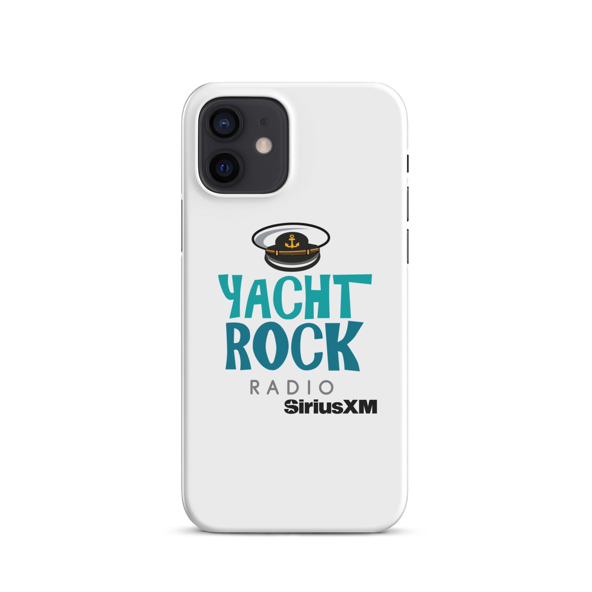 White phone case featuring 'Yacht Rock Radio' logo with a captain's hat and 'SiriusXM' branding.
