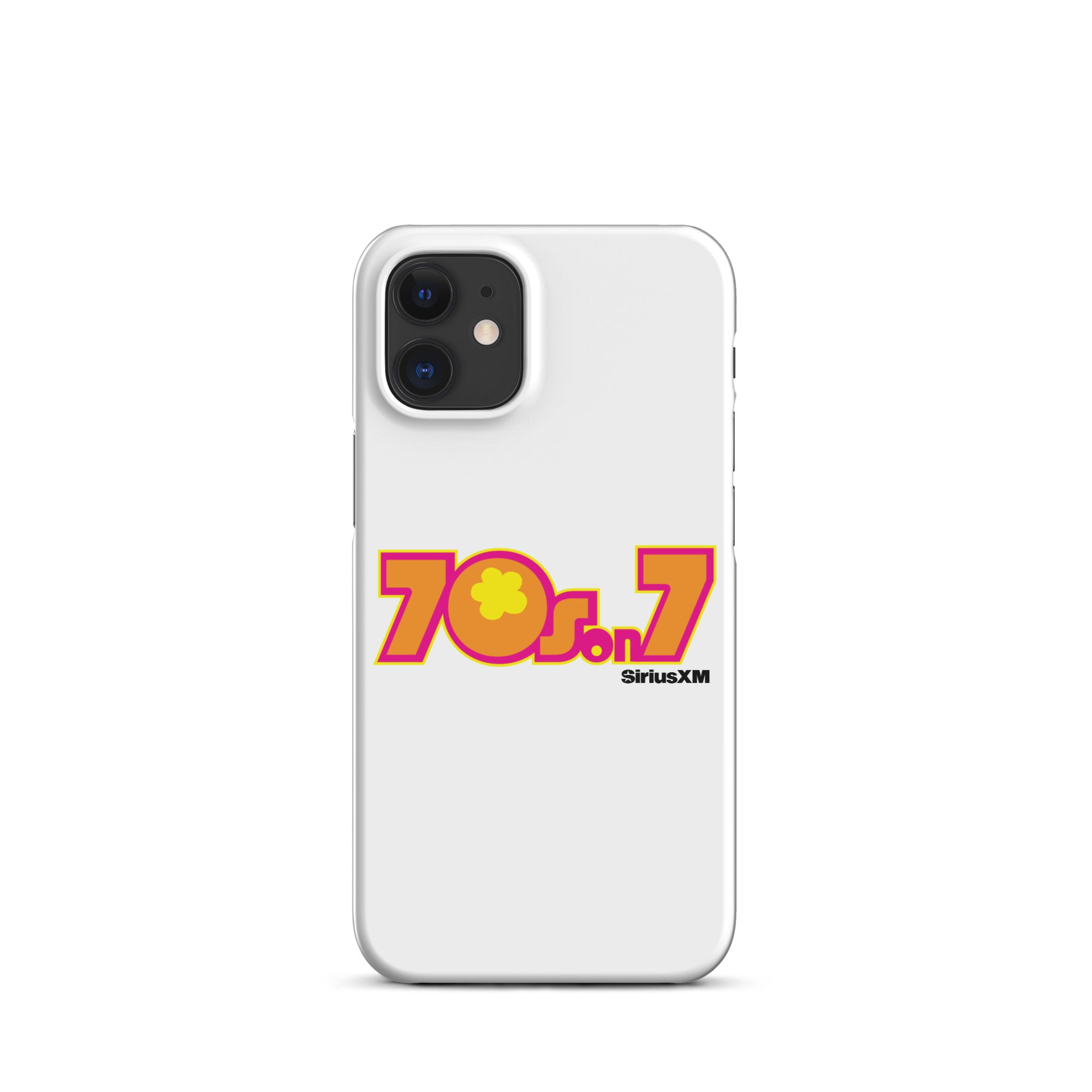A white phone case featuring a colorful '70s on 7' logo with a flower and the 'SiriusXM' branding.