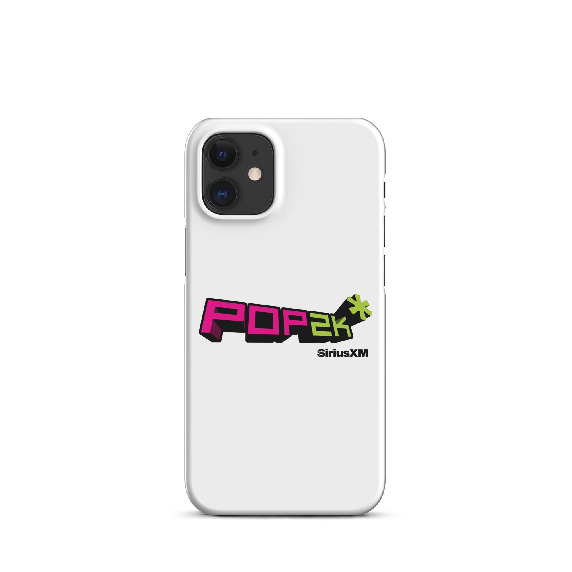 White phone case featuring the 'POP2K' logo in vibrant pink and green colors with 'SiriusXM' branding.