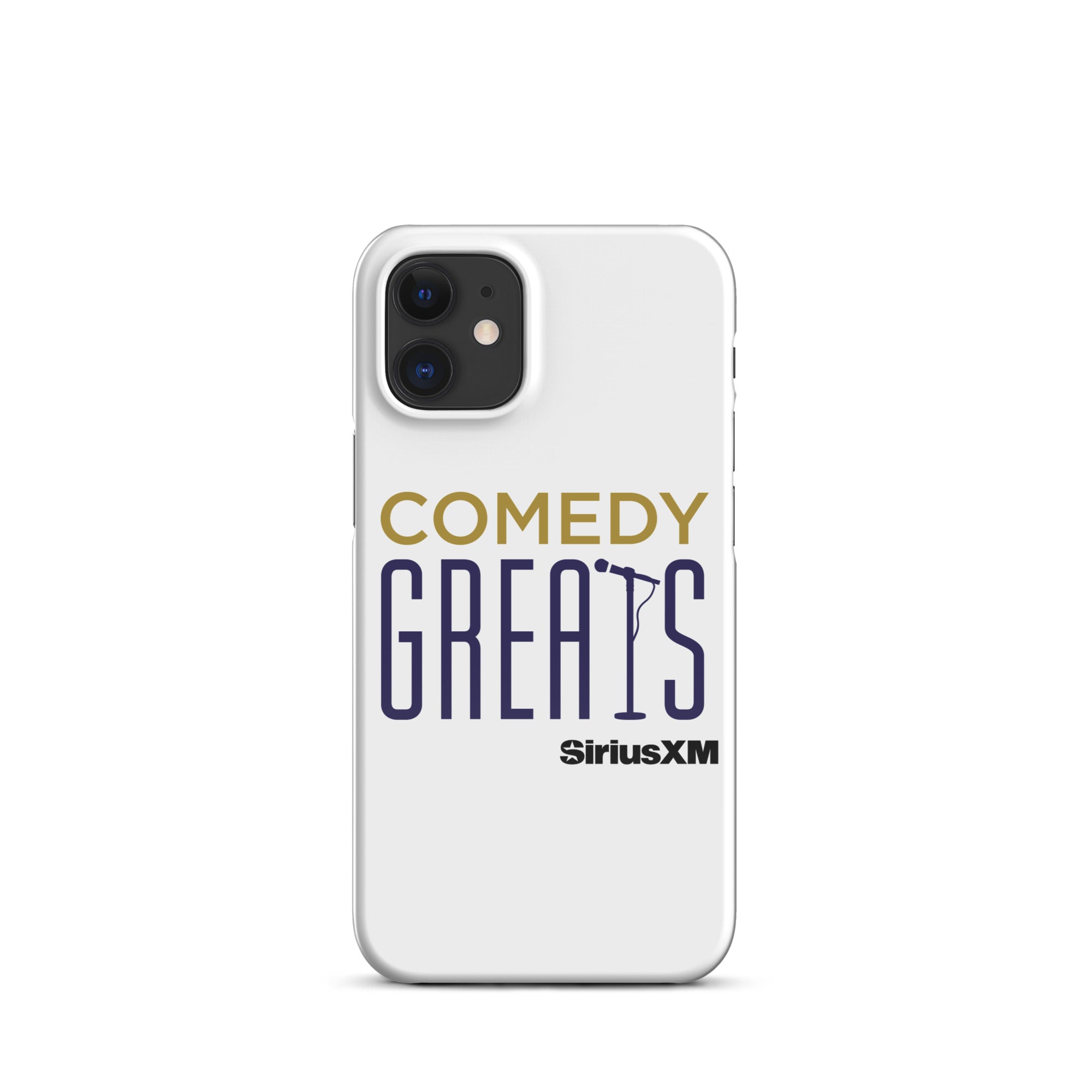 White phone case featuring the text 'COMEDY GREATS' and the 'SiriusXM' logo.