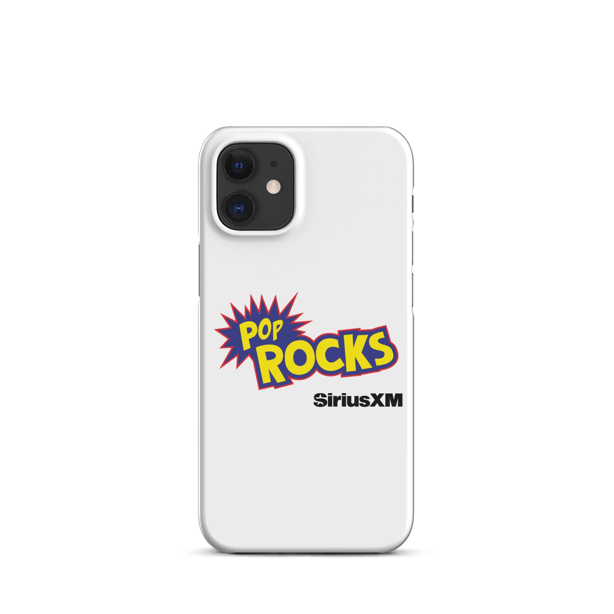 White phone case featuring 'POP ROCKS' logo with a burst design and 'SiriusXM' logo.