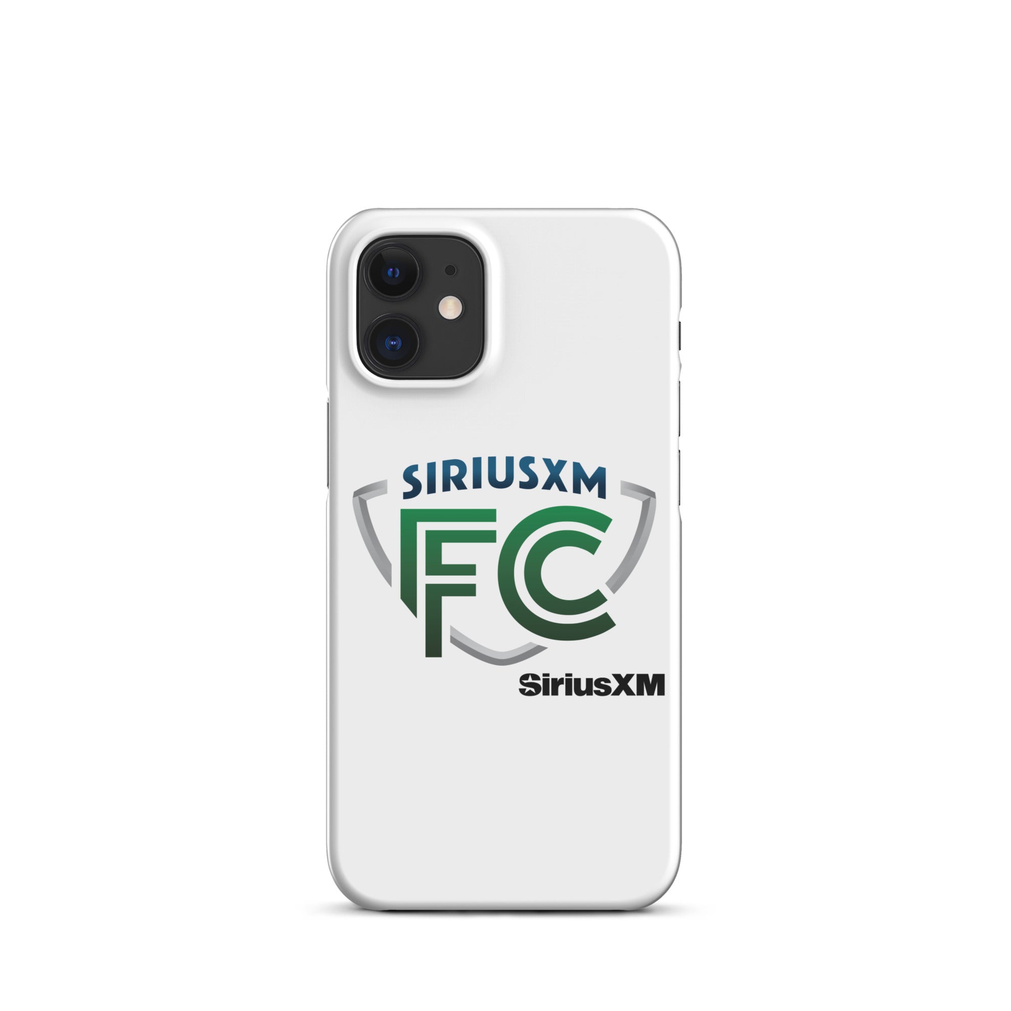 White phone case featuring the 'SiriusXM FC' logo in green and gray with 'SiriusXM' branding in black.