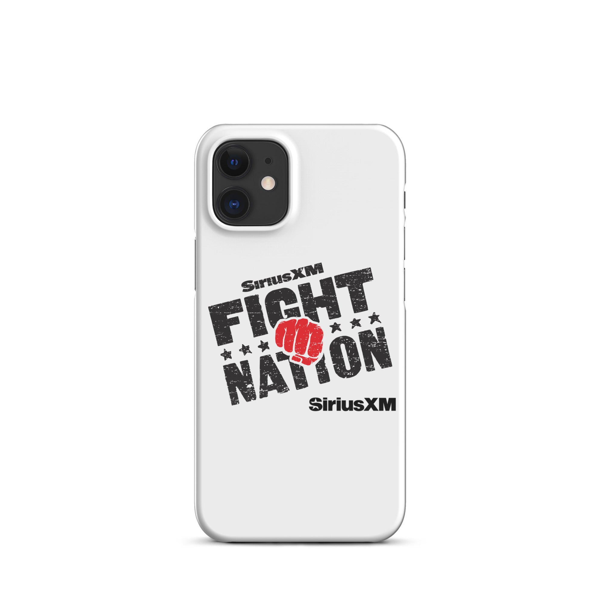 White phone case featuring 'SiriusXM FIGHT NATION' logo with a red fist and stars with 'SiriusXM' branding underneath.
