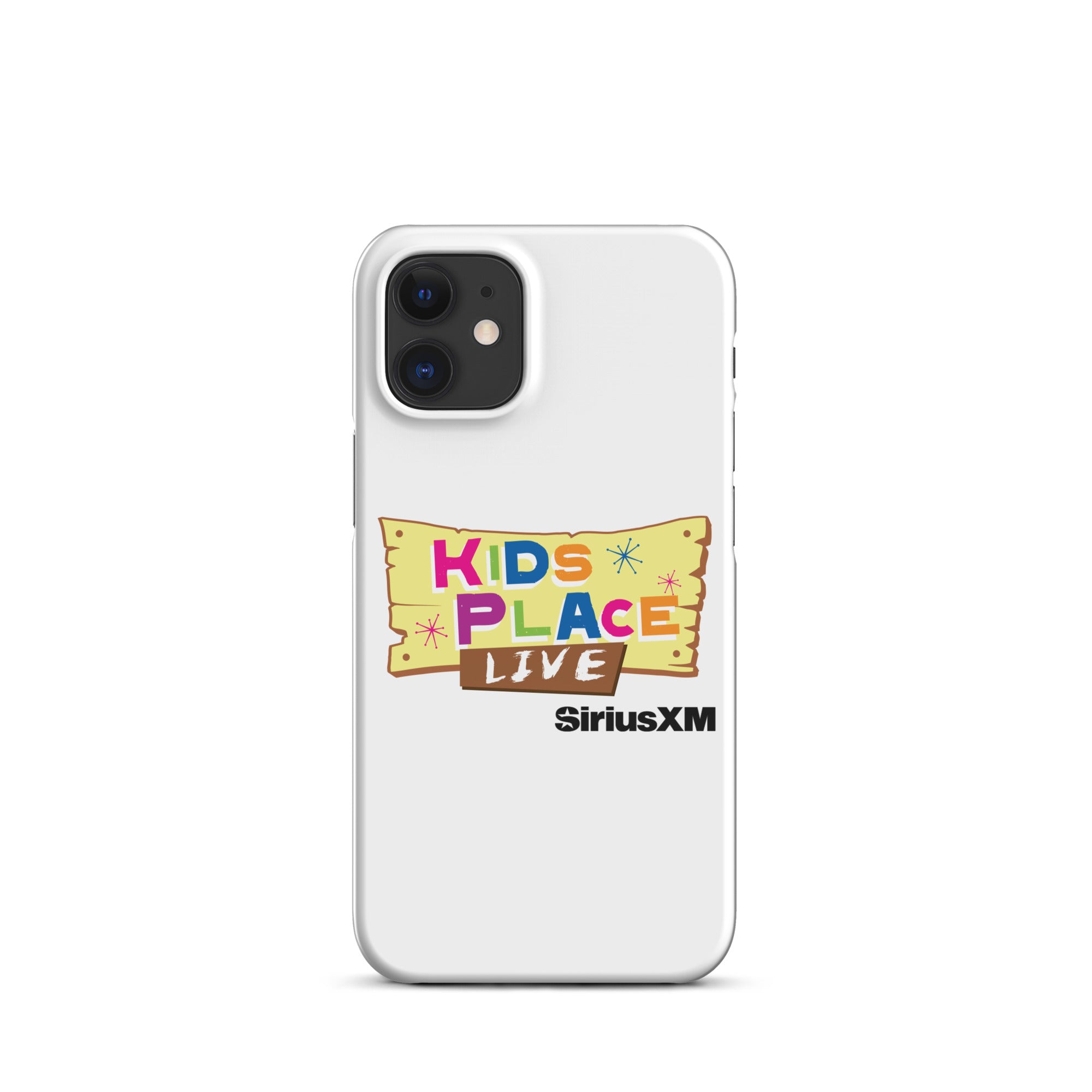 White phone case featuring 'KIDS PLACE LIVE' and 'SiriusXM' logos in colorful, playful design.